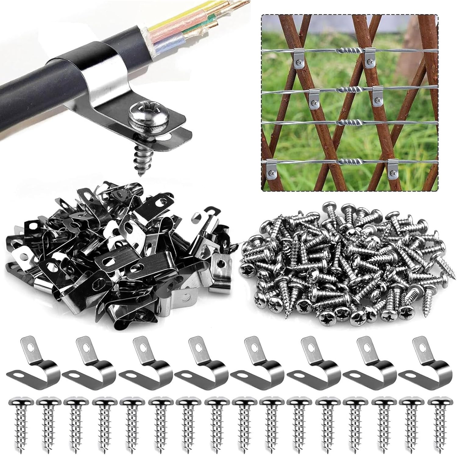 1000 Pcs Wire Fence Clips Fence Wire Clamps Cattle Panel Clamps with 1000 Pcs Screws Mounting Clips for Vinyl, Wood Or Metal Fence