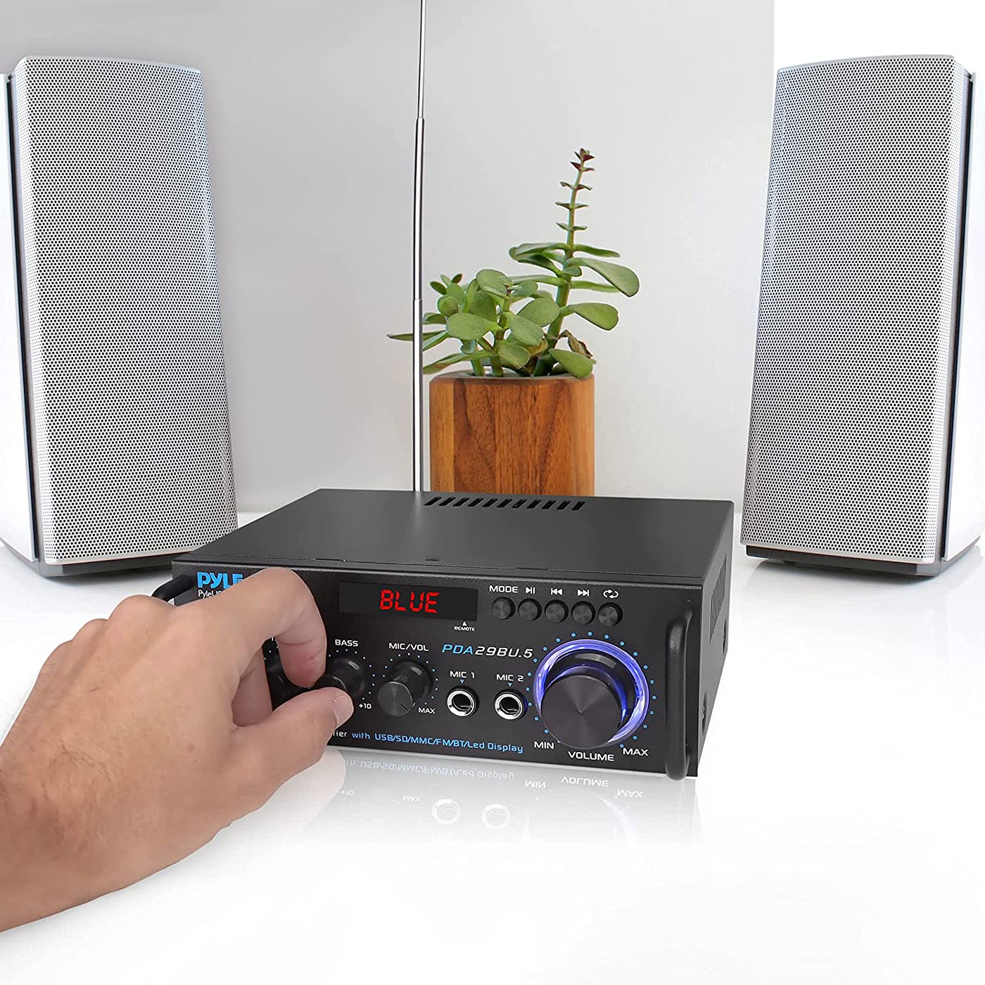 Pyle 200W Bluetooth Compact Power Amplifier - Wireless 2 Channel Audio Receiver with Dual Karaoke Mic Input - RCA - USB-A + SD Card MP3 Player - FM Radio - AUX in - Remote Control - PDA29BU — Amazon image 2