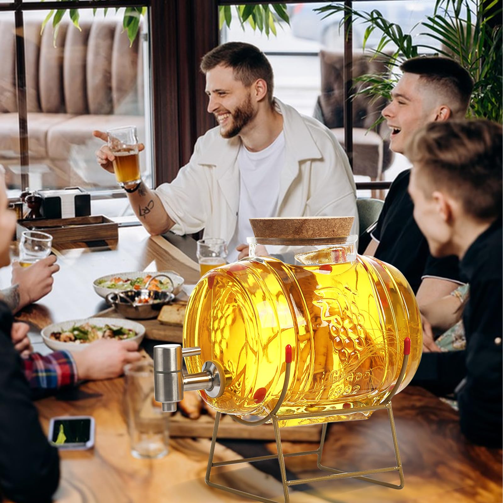 Dispenser di bevande in vetro con rubinetto in acciaio inox, con supporto in metallo e coperchio per bevande calde o fredde, distributore di birra, distributore di bevande per acqua, succhi di