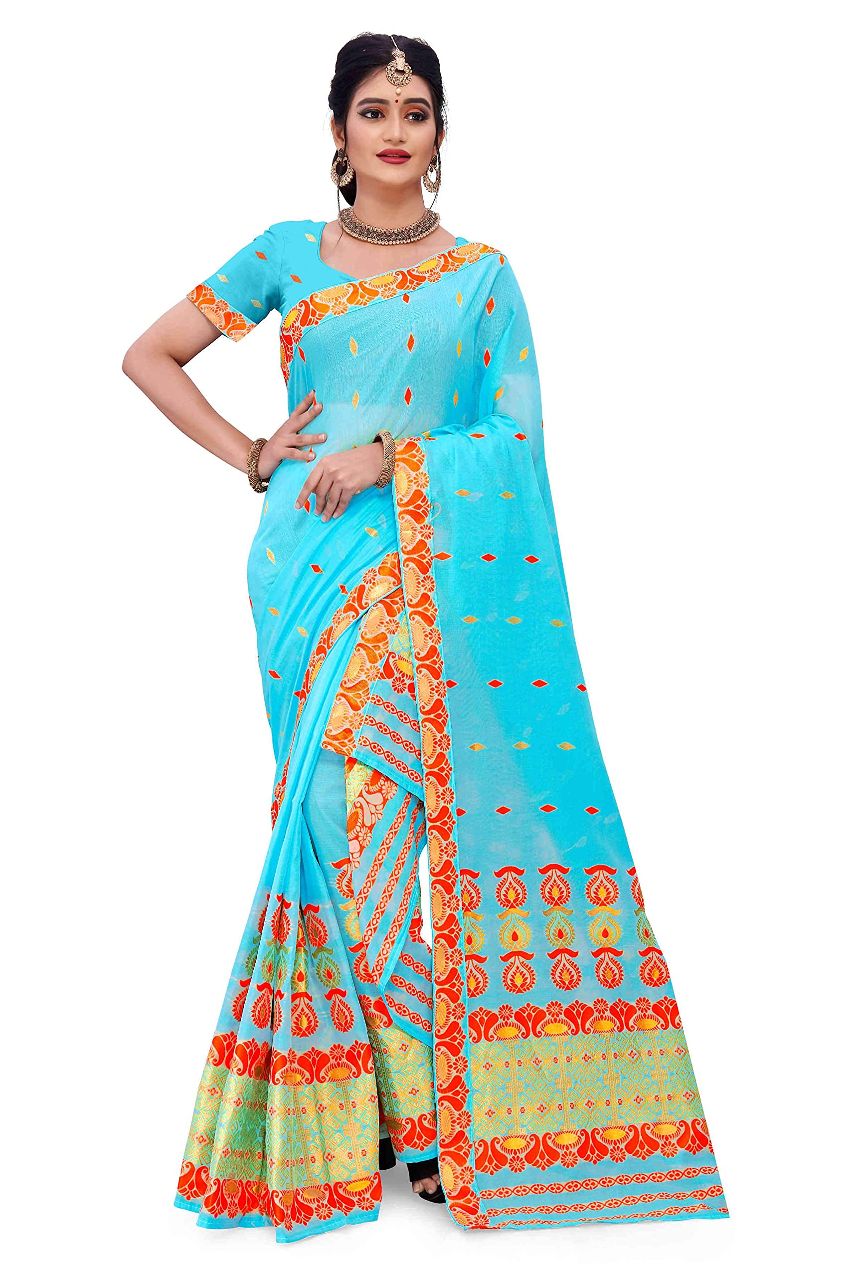 S Kiran'sSKiran's Assamese AC Cotton Mekhela Chador Saree - Dn7162 Mekhla Sador (Skyblue and Red), Multicolour