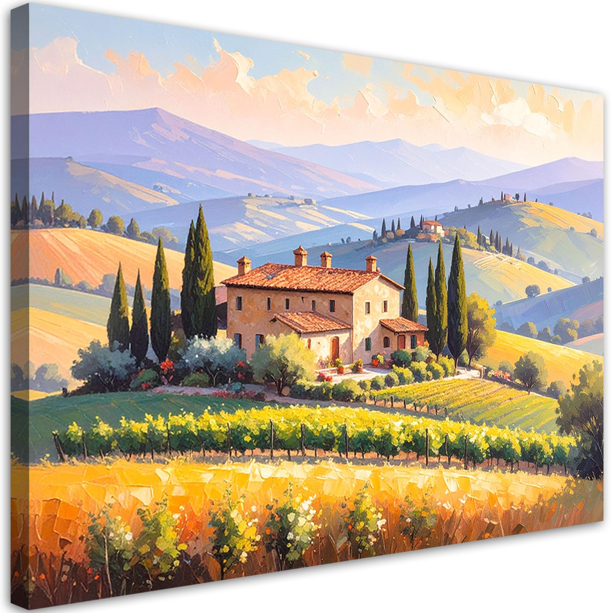 Feeby Quadri Camera Da Letto - Stampa su Tela - Quadro Moderno Soggiorno - Toscana Paesaggio Casa sulla collina - 60x40 cm - Decorazione Da Parete