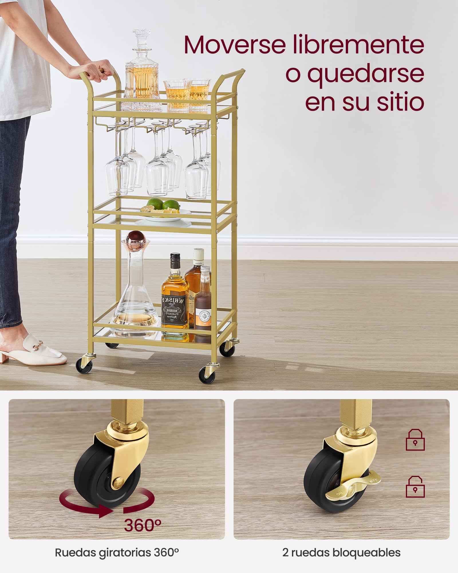 VASAGLE Carrito de 3 Niveles, Carro de Cocina Dorado, con Ruedas, con Pasamanos, Vidrio de Espejo, Carro para Espacios Pequeños, Cocina, Comedor, Baño, Salón, Bar, Dorado LRC091A62