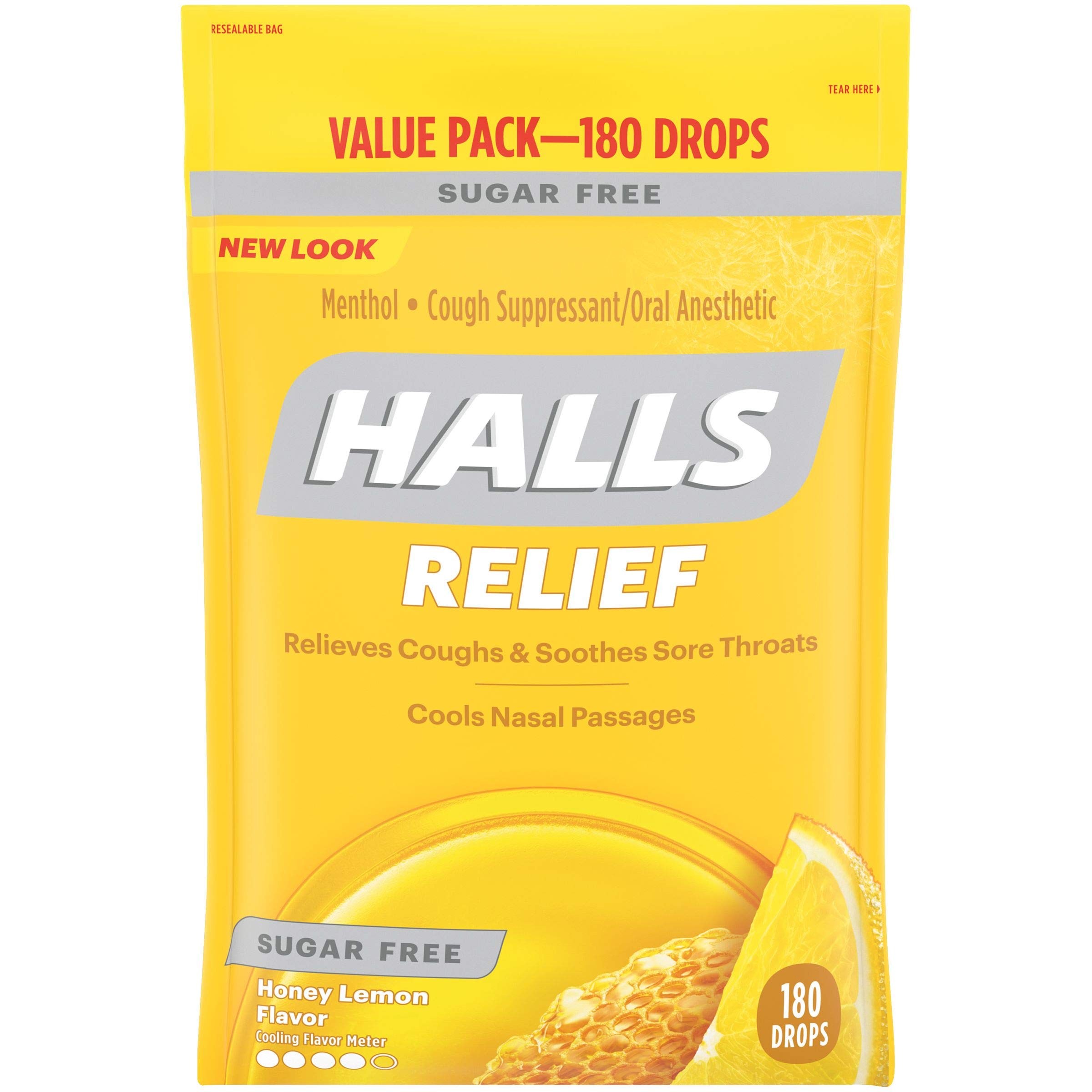 HALLS Sugar Free Honey Lemon Flavor Cough Drops, 1 Bag (180 Total Drops