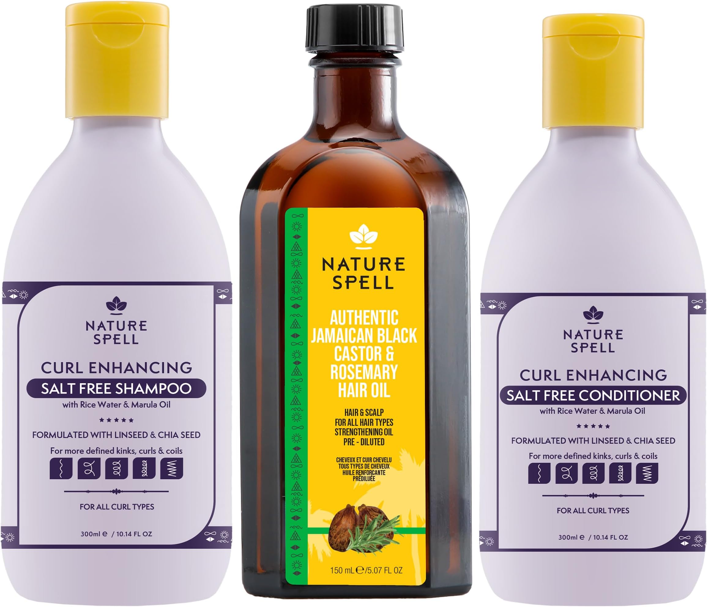 Nature Spell Jamaican Castor and Rosemary blend oil for hair growth with Shampoo and Conditioner set for All Types of Curls, defines and repairs, sulphate free, vegan, Pack of 3