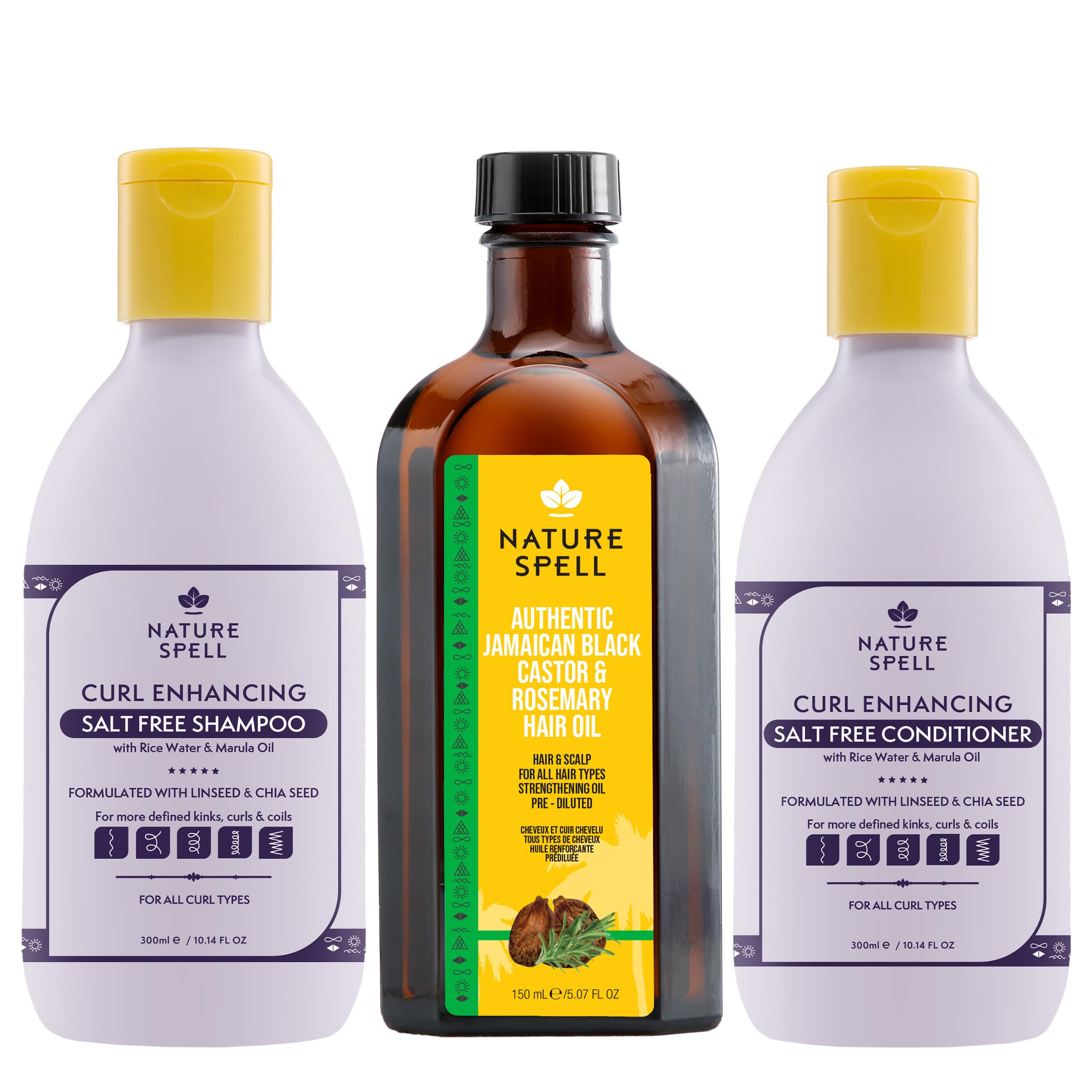 Nature Spell Jamaican Castor and Rosemary blend oil for hair growth with Shampoo and Conditioner set for All Types of Curls defines and repairs