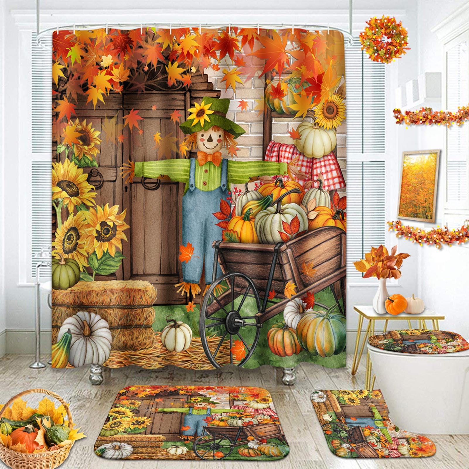 Cortina de ducha con girasoles y calabazas para crear un ambiente cálido de otoño en el baño