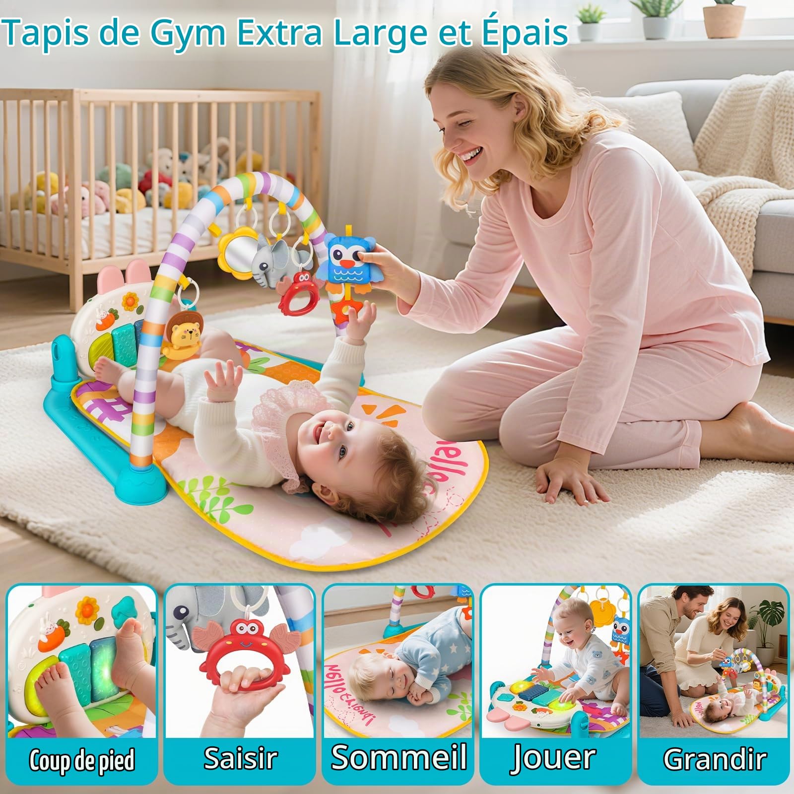 nicknack Tapis d'Éveil Bébé avec Piano Musical, Musique, Sons et Lumières | d'Arches et Jouets Sensoriels Amovibles, Tapis d'éveil et de jeux pour bébé, de jeu pour 0-3-6-12 Mois - Cadeau de Naissance