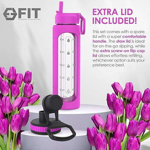 Miniatura 5 de FIT Strong & Healthy 32 oz Glass Water Bottle with Straw Lid - Wide Mouth Borosilicate Glass Water Bottles with Time Marker, Silicone Sleeve & Extra