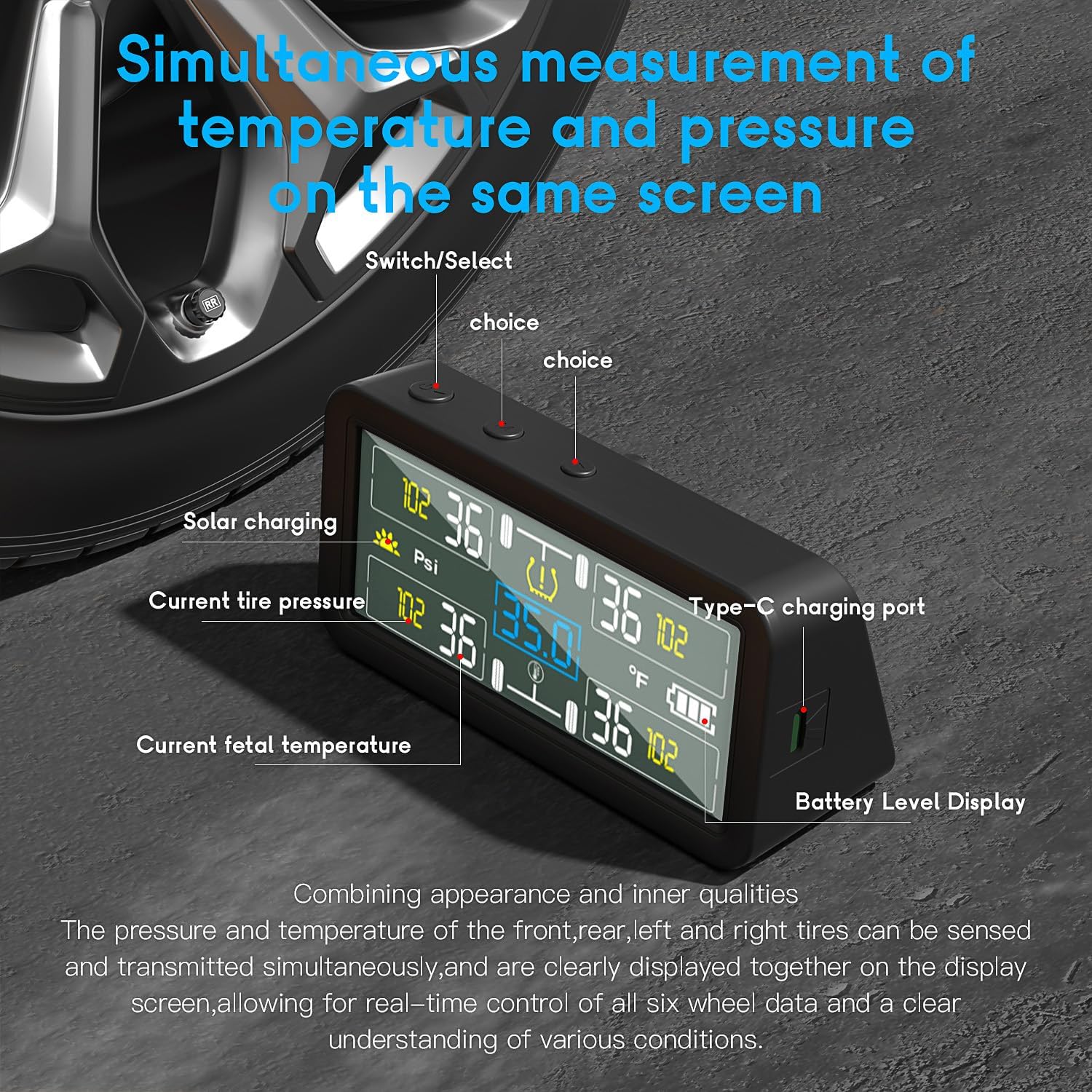 Tire Pressure Monitoring System 2026 Upgrade,4-inch Large-Screen Digital Display with Backlight,TPMS with 4 Tire Pressure Sensors 0-9.9BAR,6 Alarm Modes for RV/Trailer/Truck/SUV（0-144 PSI）
