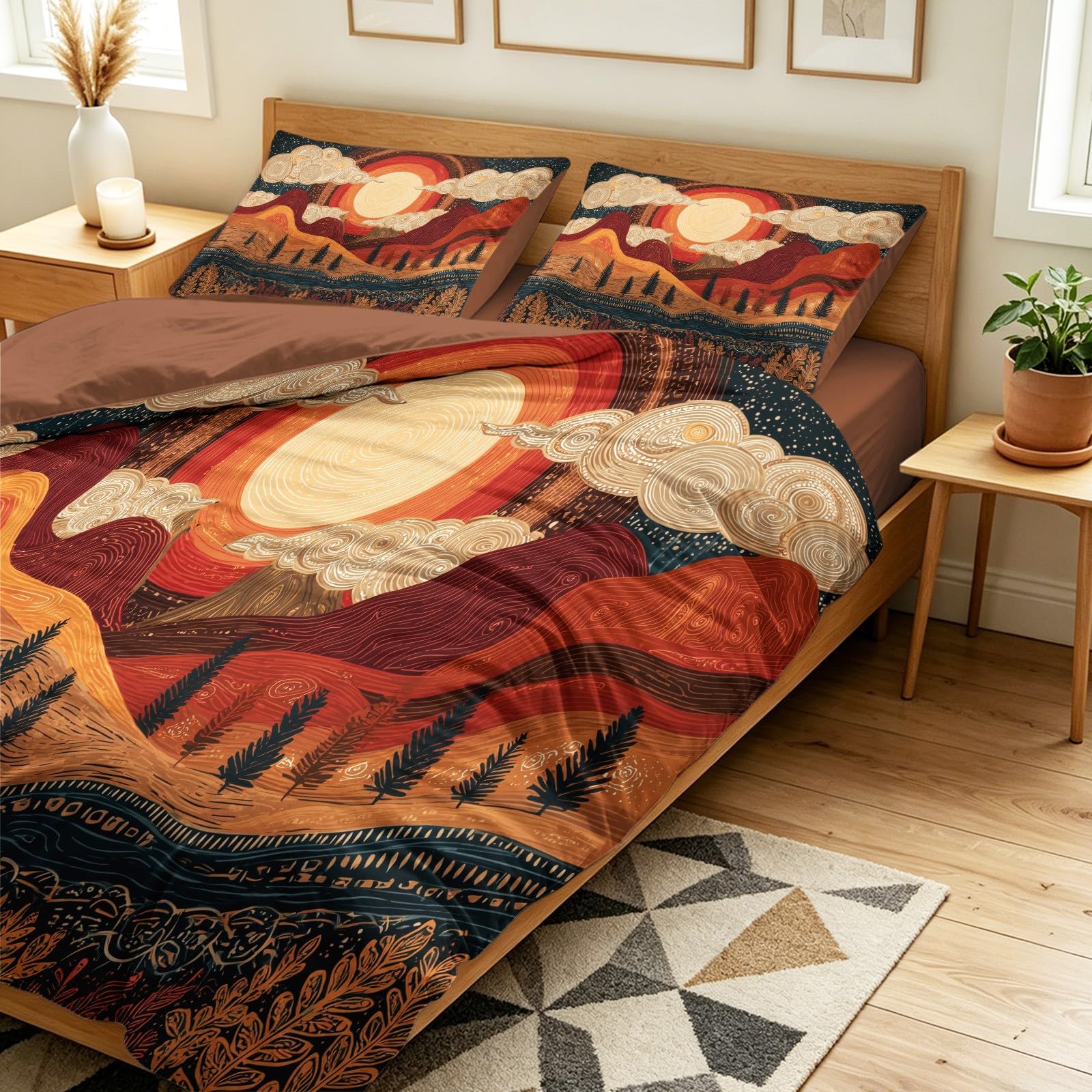 Poszwa na kołdrę 260 x 240 cm abstrakcyjna sztuka, komplet pościeli 2-osobowej na prześcieradło z gumką, słońce wzgórze zestaw pościeli 4-częściowy z 2 poszewkami na poduszki