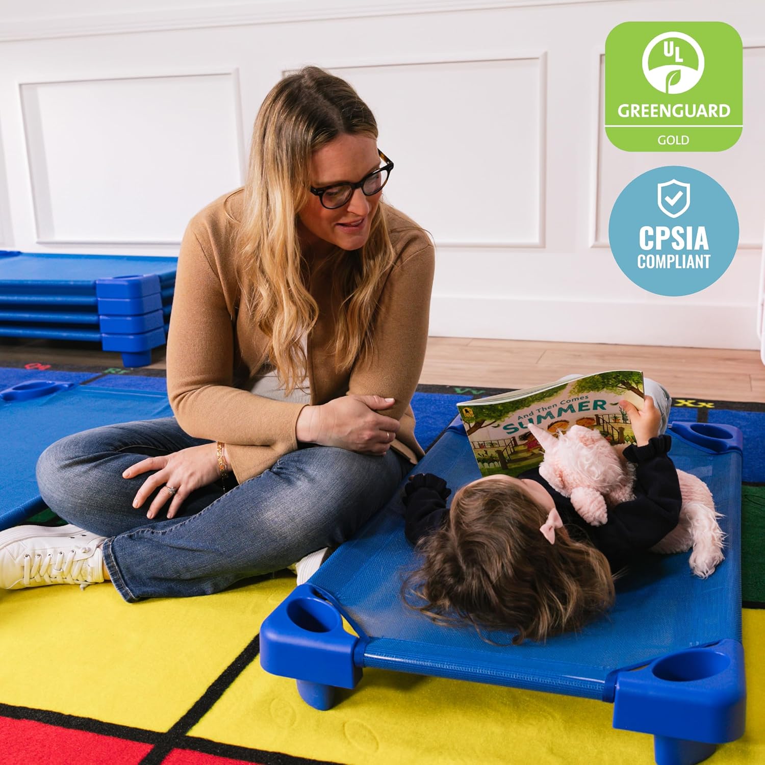 ECR4Kids Stackable Kiddie Cots with Trolley, Assembled, Toddler, Daycare Essentials, Blue, 5-Pack