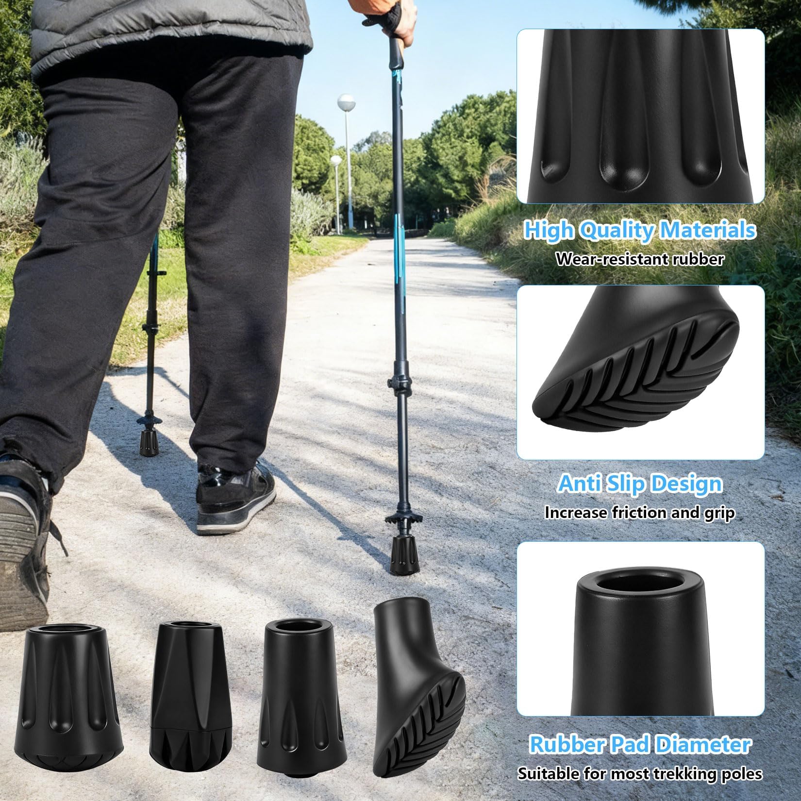 Gumowe Końcówki Kijki 16 szt. 4 Style | 16 antypoślizgowych końcówek gumowych w 4 stylach. Do kijków nordic walking, trekkingowych i lasek. Na asfalt.