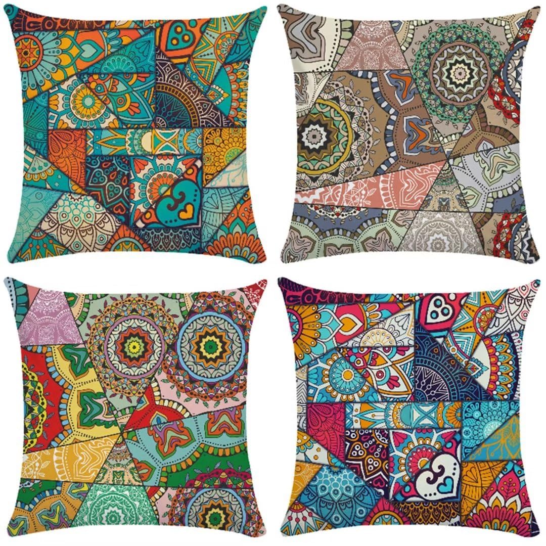 Fundas Cojines 50x50cm Juego de 4 Funda de Cojine Lino Funda de Almohada Cuadrado Funda Cojin Sofa Fundas de Cojines con Cremallera Cubierta para Sala Estar Sofá Hogar Decoración Mandala de Color C58