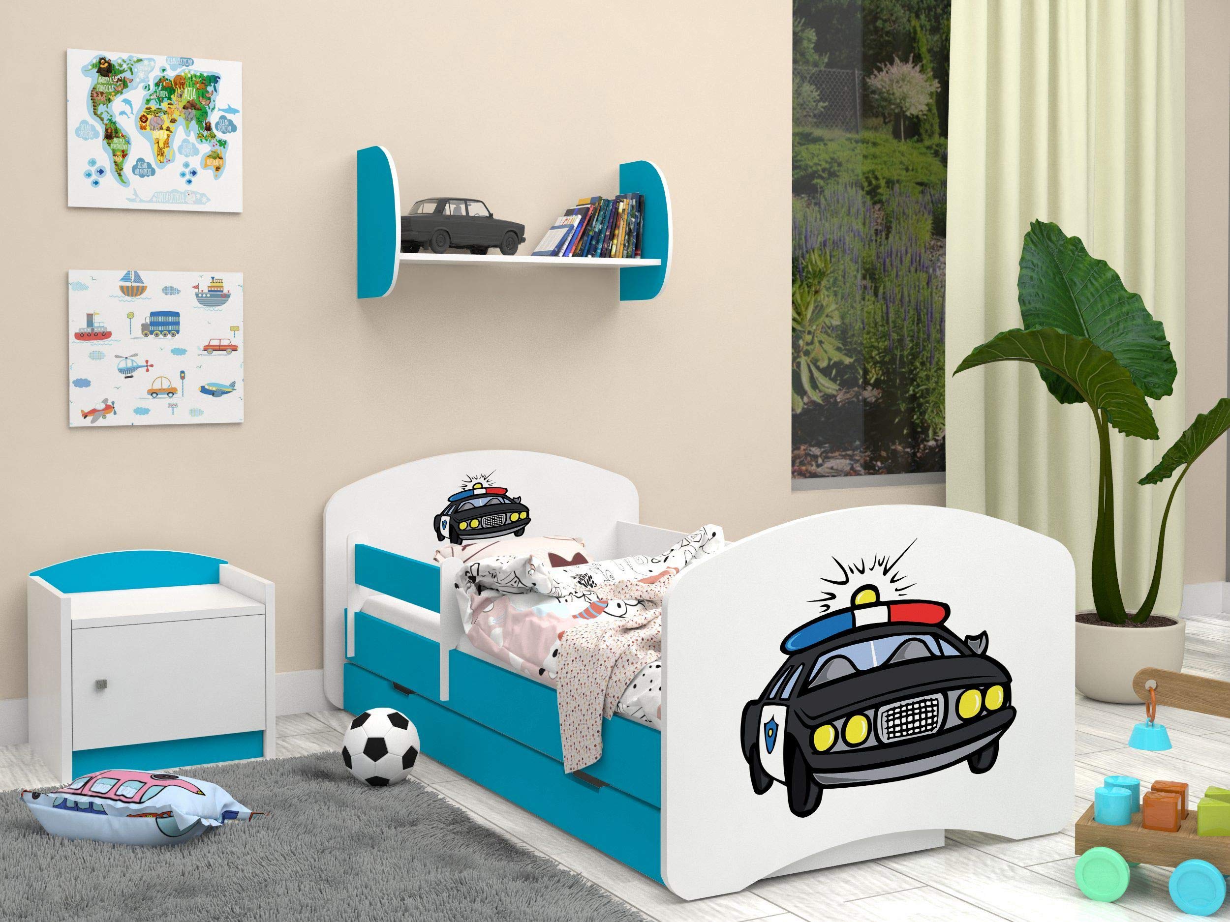 HappyBabies - Dwustronne łóżko dziecięce z szufladą, nowoczesne wzornictwo, z bezpiecznymi krawędziami i zabezpieczeniem przed upadkiem, materac piankowy 7 cm, niebieski (policja, 180 x 90 cm)