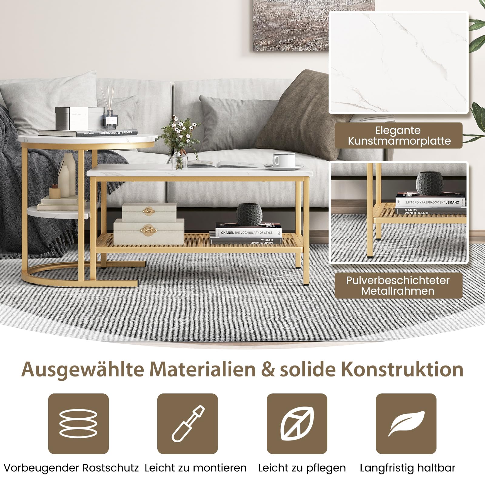 COSTWAY Set van 2 Ronde Salontafels, Bijzettafels met Marmer Look en