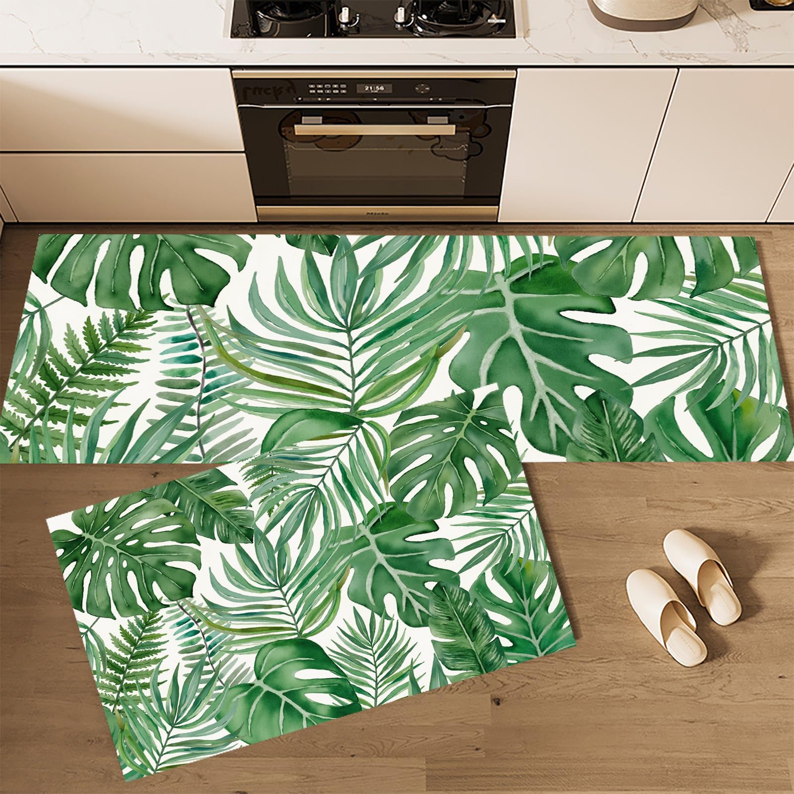 Alfombras antifatiga para cocina de 43x75cm y 43x150cm con estampado de hojas