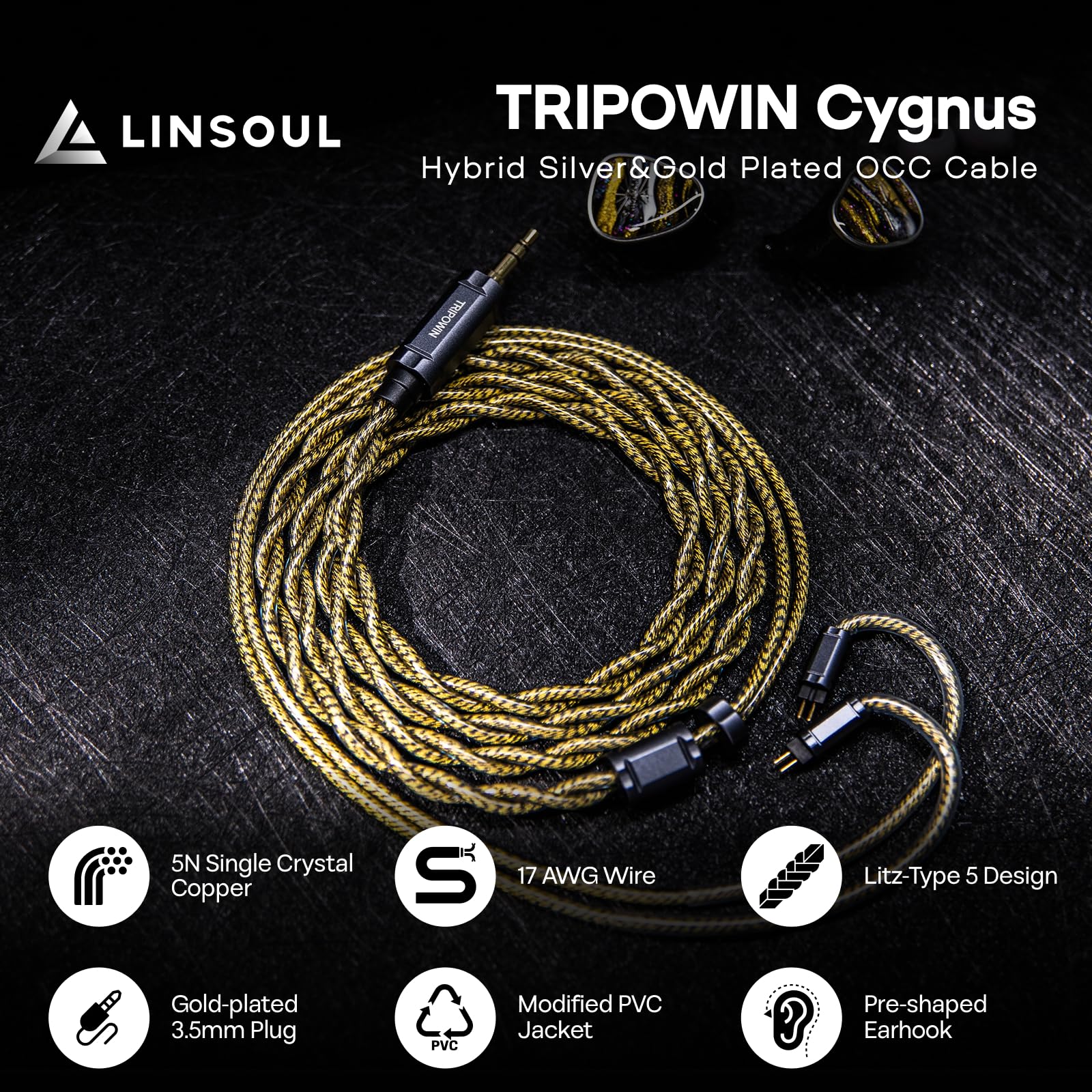 Linsoul Tripowin Cygnus Cavo IEM Ibrido in Rame Monocristallino, Filo di Ricambio per Cuffie HiFi LITZ TYPE5 e AWG 17 per In Ear Monitor e Auricolari con Cavo (Recessed 2Pin)