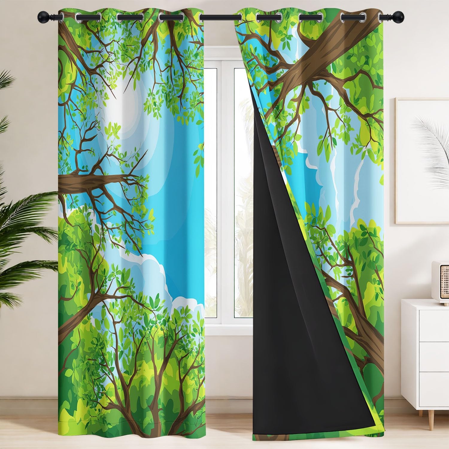 Lot de 2 Rideaux Occultants Canopée verte, Soleil blanc & Nuages duveteux | Isolant Thermique et Phonique - Style Esthétique moderne, Bleu ciel apaisant pour Chambre, Chambre de bébé, Espace détente