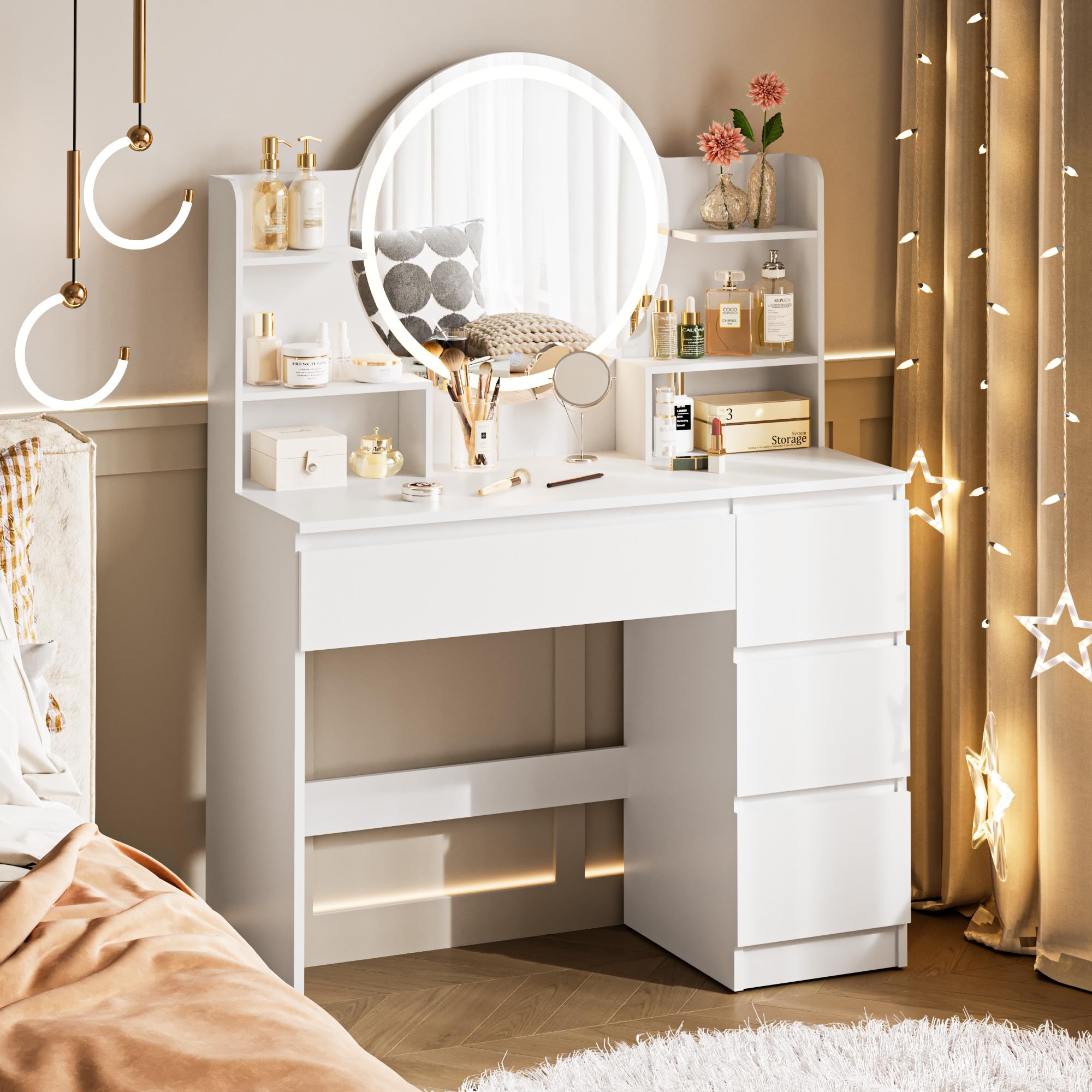 vanity desk with mirror, large makeup table with 3 adjustable light modes, makeup vanity with 4 drawers, dressing table for bedroom, white