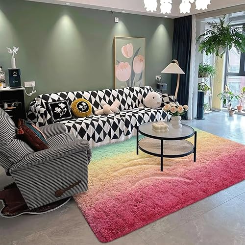 Miniatura 7 de DweIke Alfombra peluda de 5 x 8 pies, color rosa arcoíris, para interiores, alfombra de felpa ultra suave para sala de estar y dormitorio,
