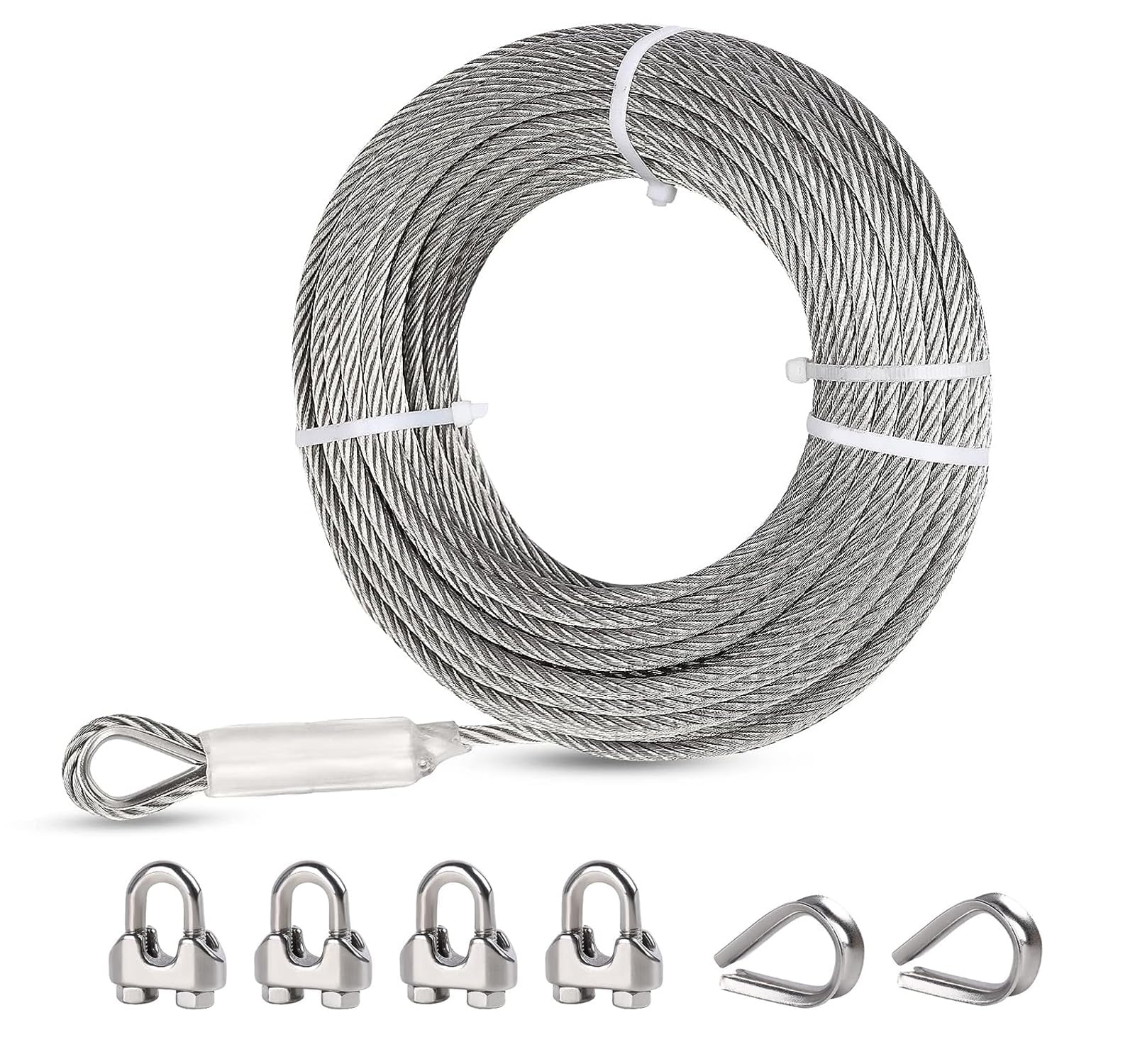 hannger 5/16 Stainless Steel Cable, 25ft, 7x19 Strand Wire Rope, 9000 lbs Break Strength Heavy-Duty Steel Cable with Loops, Clamps & Thimble for