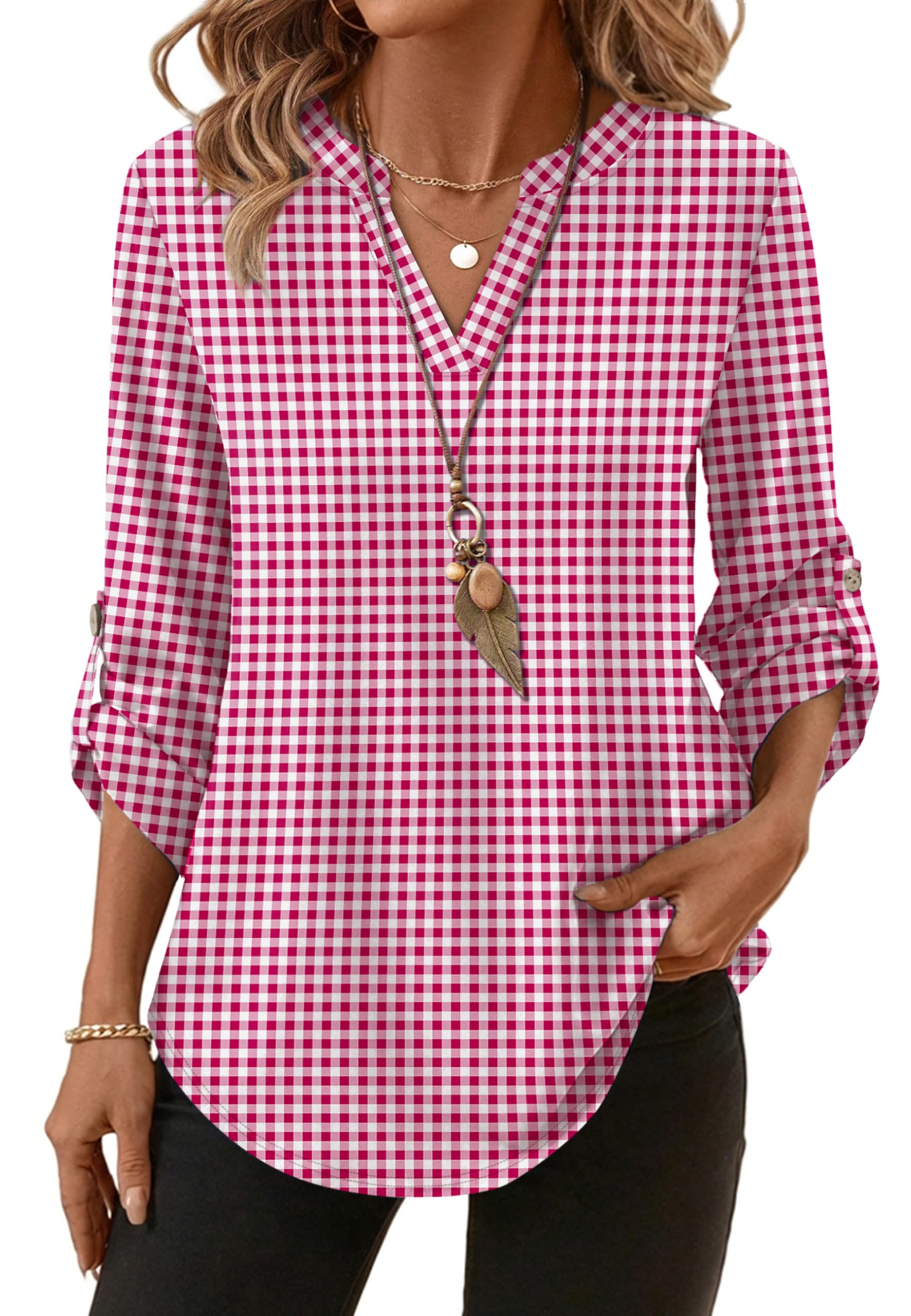 XIEERDUO 3/4 Length Sleeve Womens Tops V Neck T Shirts Both Side Buttons Blouses Business Casual Outfits Loose Fit