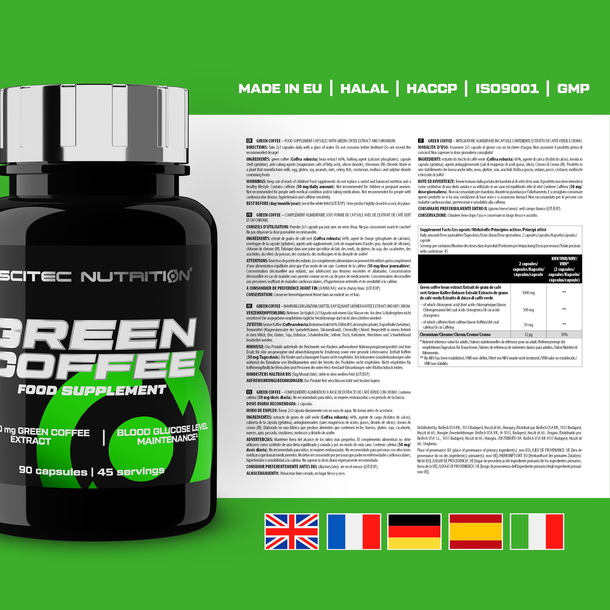 Scitec Nutrition Green Coffee - Supporto metabolico con acido clorogenico, tè verde, caffeina, cromo, colina e iodio - Gestione della tiroide e dei lipidi - 90 capsule