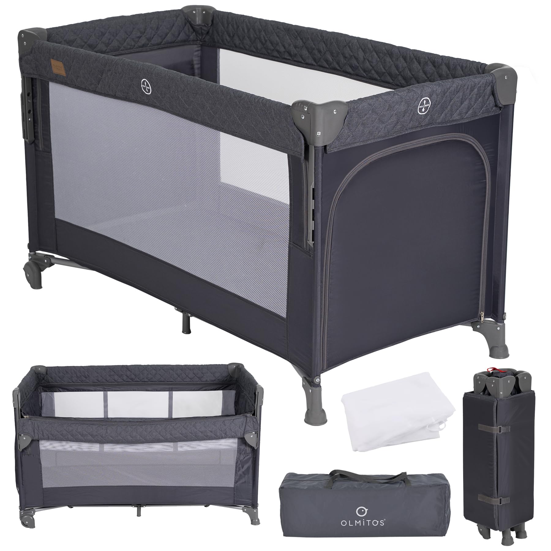 Olmitos - Cuna de Viaje Colecho 3 en 1 Trend Cun con Mosquitera 0-3 años (0-15kg) Plegable, Ligera, Doble Altura, Lateral Abatible, Parque de Juegos y Bolsa de Transporte (Gris Oscuro)