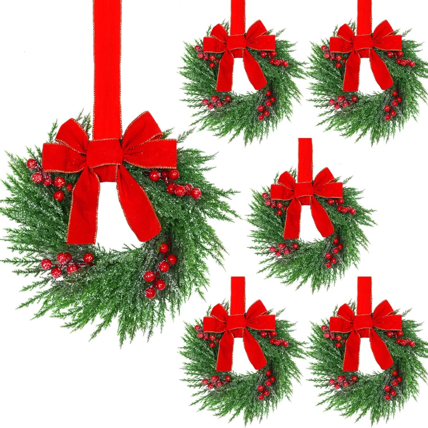 YoleShy 6 Pcs Small Christmas Wreath 12'' Mini Wreaths for Kitchen Cabinet Wreaths with Berry & Red Velvet Bow Ribbon Window Wreath Christmas Xmas Farmhouse Decoration for Front Door Chair Wall