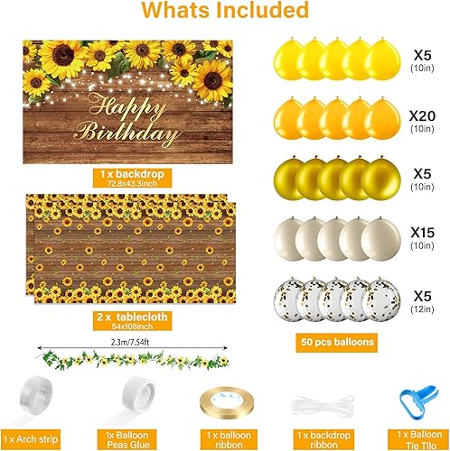 Miniatura 8 de Suministros de decoración de fiesta de cumpleaños de girasol kit de guirnalda de globos de girasol incluye pancarta de telón de fondo manteles de