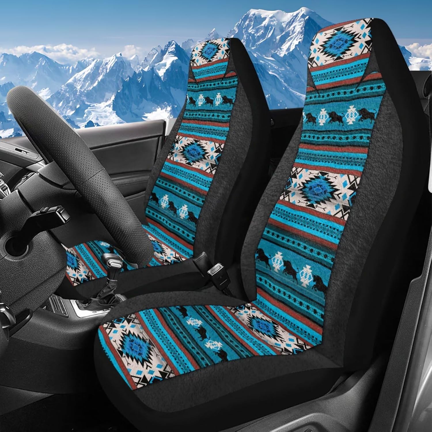 Bulopur Fluffy Car Seat Covers 2 PC Aztec Navajo Automotive Front Bucket Seat Cover Blue Soft Comfy Vehicle Interior Cushion Covers for Highback Seats