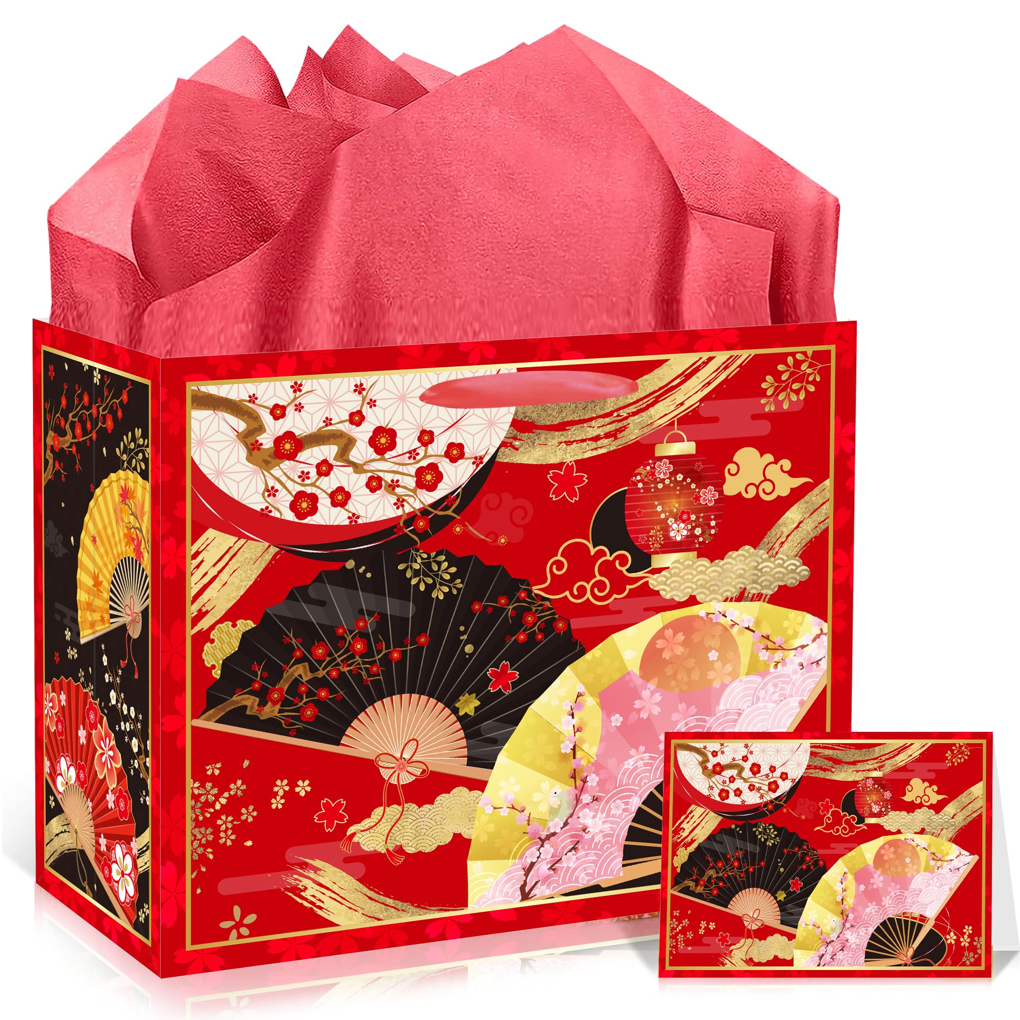 EoBeCy Japanese Gift Bags with Handles, Tissue Paper and Greeting Card, Japanese Fan Cherry Blossom Lantern Patterns Gift Wrapping Paper for Birthday Wedding Hibachi Party Favors Decorations