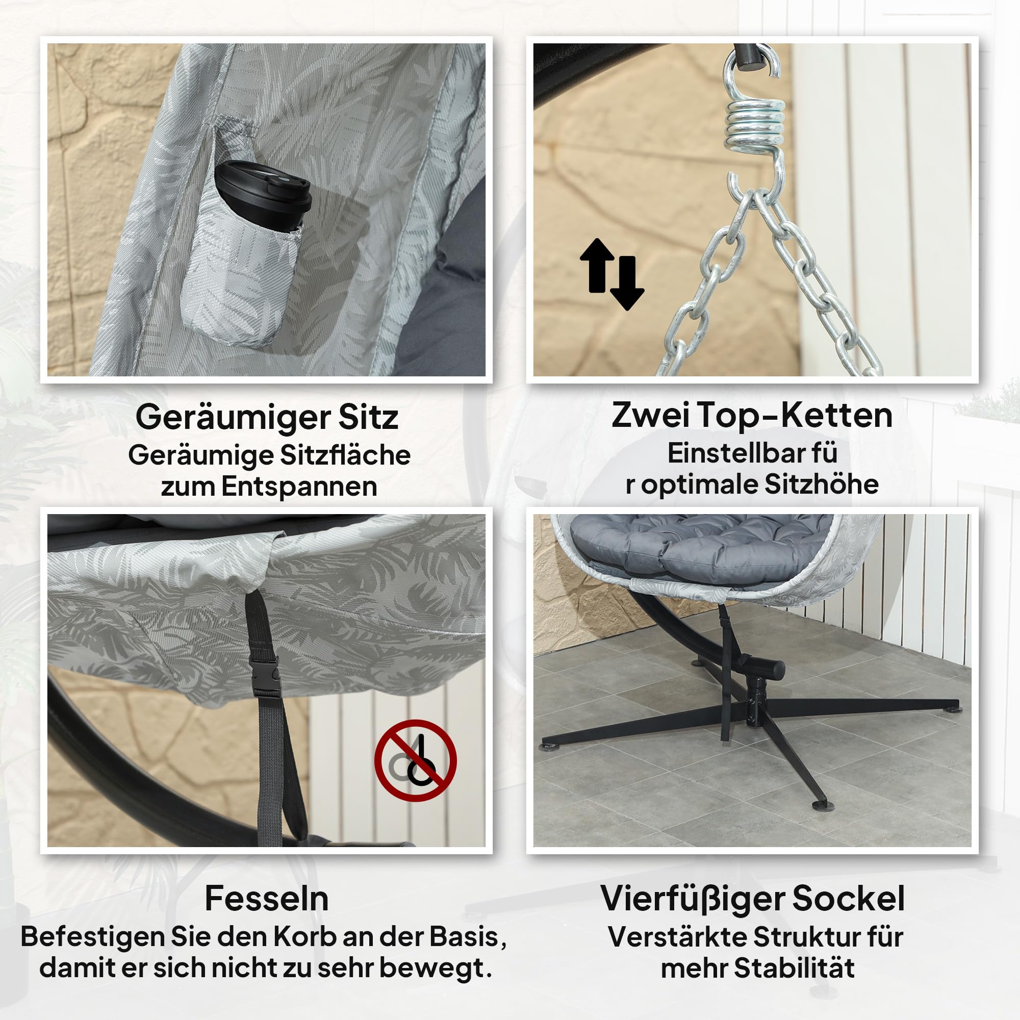 Outsunny Hängesessel mit Gestell, Faltbar Eiförmiger Hängeschaukel mit weichem Sitzpolstern, Hängematte für den Außenbereich Schaukelsessel Indoor Outdoor, Terrasse, Garten, Grau