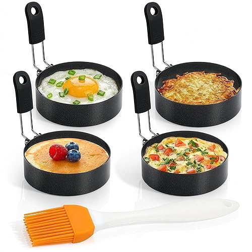 Miniatura 10 de 2 anillos de huevo para freír huevos, molde redondo de acero inoxidable de 2.89 pulgadas, mango plegable, resistente al calor y no deformable