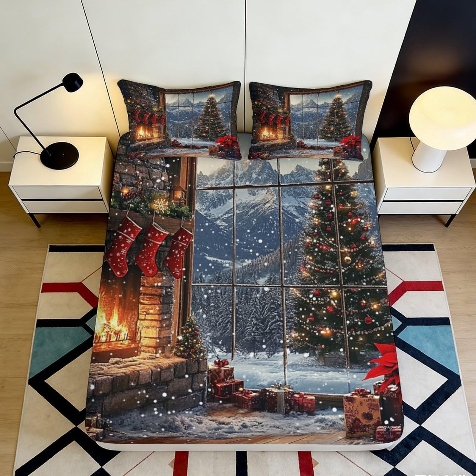 3D Printed Christmas Fireplace Fitted Sheet Microfiber Soft Breathable Winter Snow Mattress Cover for Bedroom Dormitory Guest Room Holiday Decor 200x200x25cm