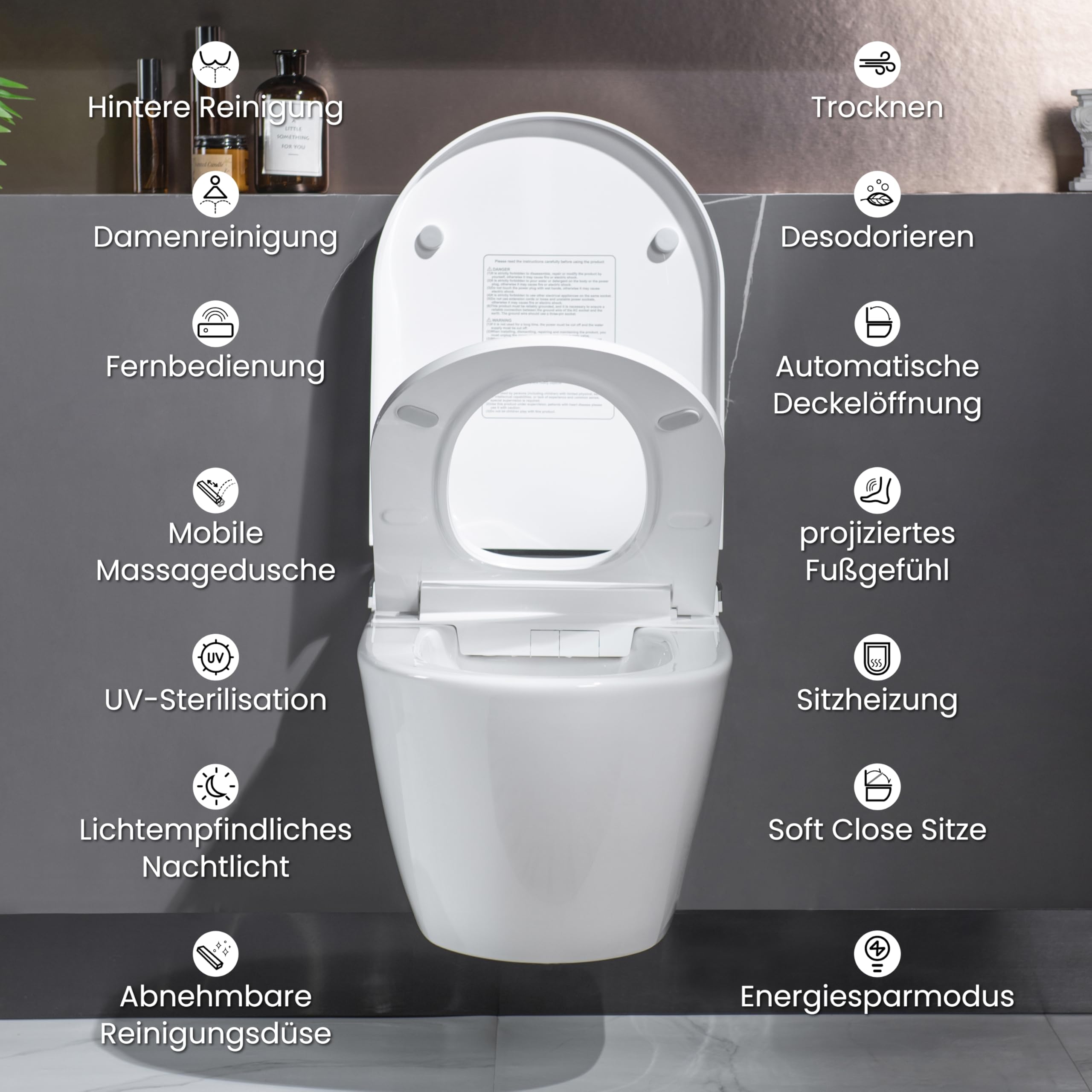 Casta Diva WC z bidetem kompletny zestaw z UV-sterylizacją, wiszące WC z funkcją bidetu, podgrzewane siedzenie, funkcja odkamieniania i neutralizacji zapachów, automatyczne otwieranie i zamykanie
