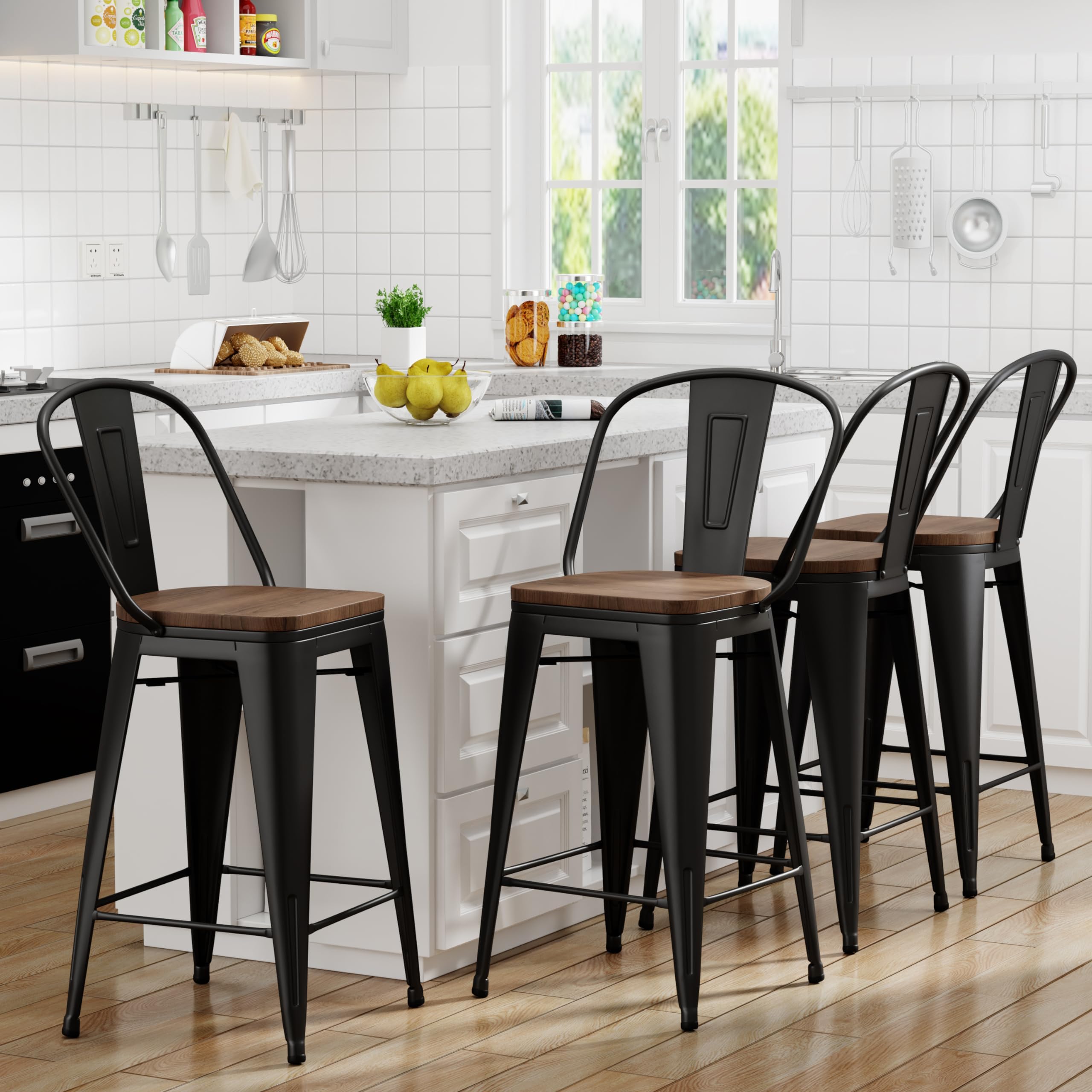 Yongqiang 30 inch Bar Stools Set of 4, Black Bar Height Barstools with High Back Modern Farmhouse Kitchen Metal Bar Chairs with Large Wooden Seat