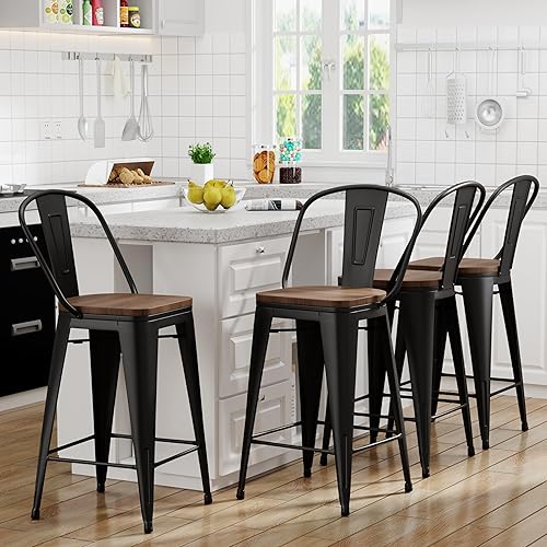 Yongqiang Barstools Set of 4 Counter Height Bar Stools for Kitchen Island Farmhouse Metal High Back Bar Chairs Wooden Seat 24" Matte Black Negro