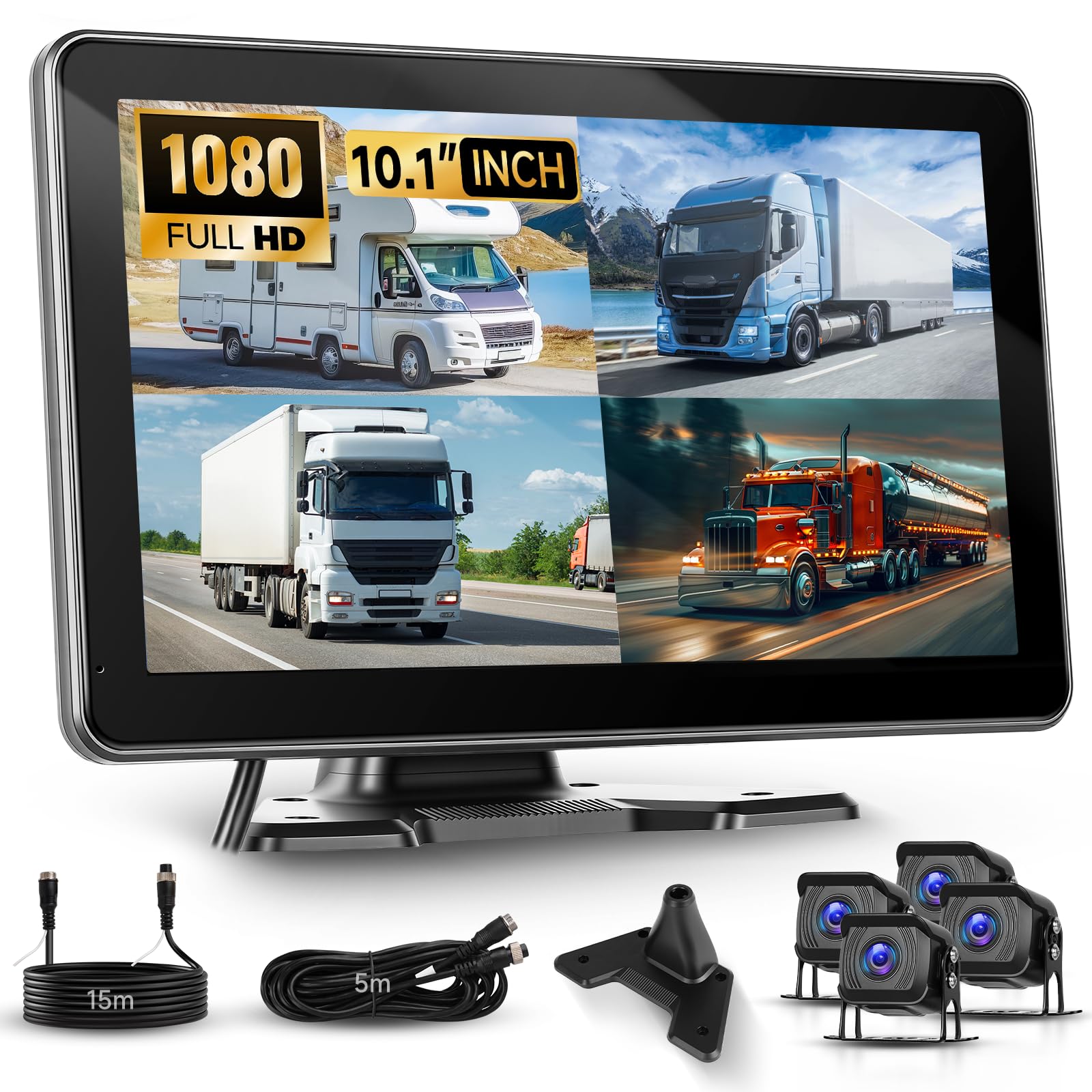 VECHTEL Monitor per auto IPS 10.1'' con 4 Telecamere, Kit Telecamera Posteriore con DVR BSD Impermeabile IP68 Visione Notturna Super Grandangolo con Linea Guida, Cavo 5M/15M, 6.5-36V per Camper Camion
