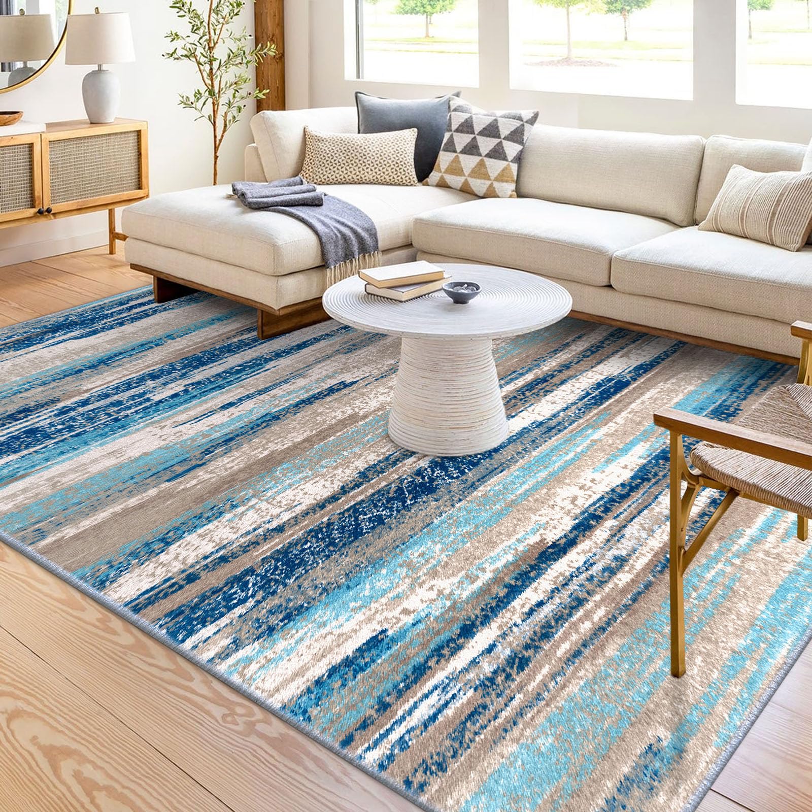 8'X10' Modern Abstract Large Living Room Washable Rug Non-Slip Soft Bedroom Area Rug Blue Print Faux Wool Carpet Throw Rugs for Nursery Playroom Dining Room Indoor Office Home Decor