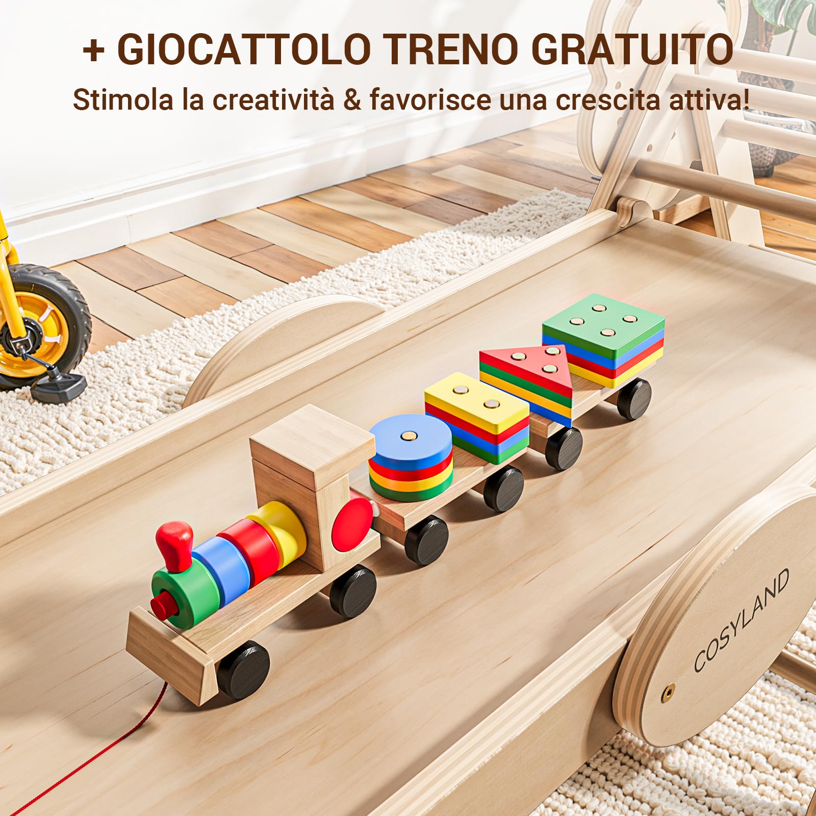 COSYLAND Arrampicata per Bambini 8 in 1 - Triangolo di pikler Regolabile a 3 Livelli con Scivolo, Gioco Treno e Confezione Regalo, Palestra Bambini Pieghevole da Interno, 18M-6Y, Naturale