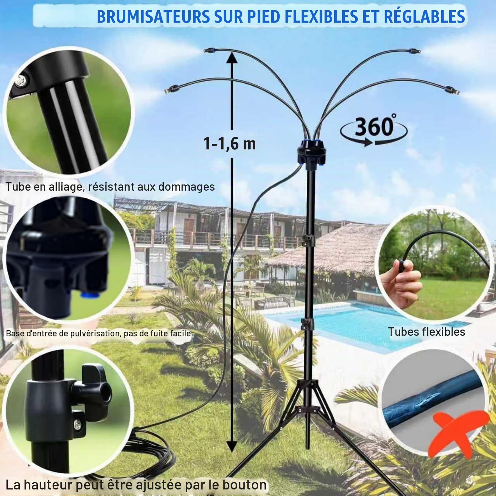 Brumisateur Eau Extérieur sur Pied, 1,5 m Brumisateurs Debout pour Terrasse Extérieure, Système de Brumisation sur Pied avec Tuyau d'Eau de 8 m, pour le Jardin et l'Extérieur