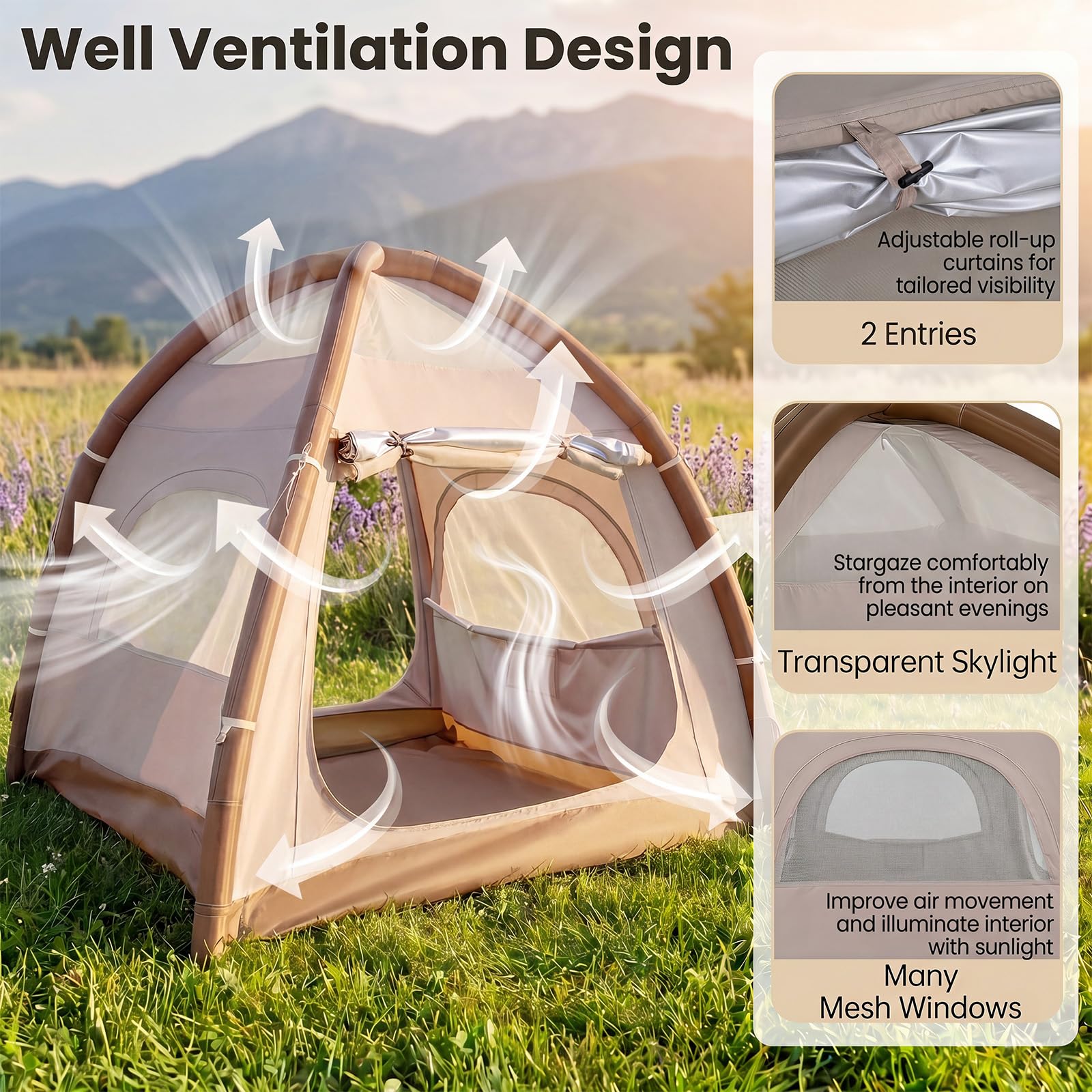 HOMASIS Tenda Gonfiabile da Campeggio 2-4 Posti, 208 x 208 x 196 cm | Tenda Esterna con Pompa Manuale, Copertura Rimovibile, Lucernari e Finestre Traspiranti, Tendone Impermeabile con Borsa