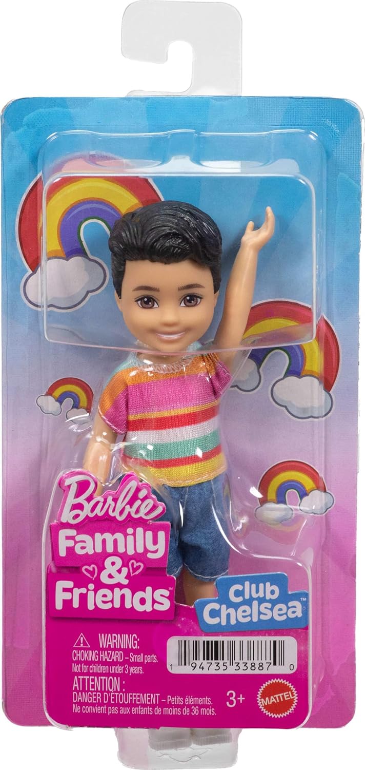Barbie Club Chelsea Koji 6-Inch Boy Small Doll with Brunette Hair Wearing Removable Striped Shirt, Shorts & Shoes