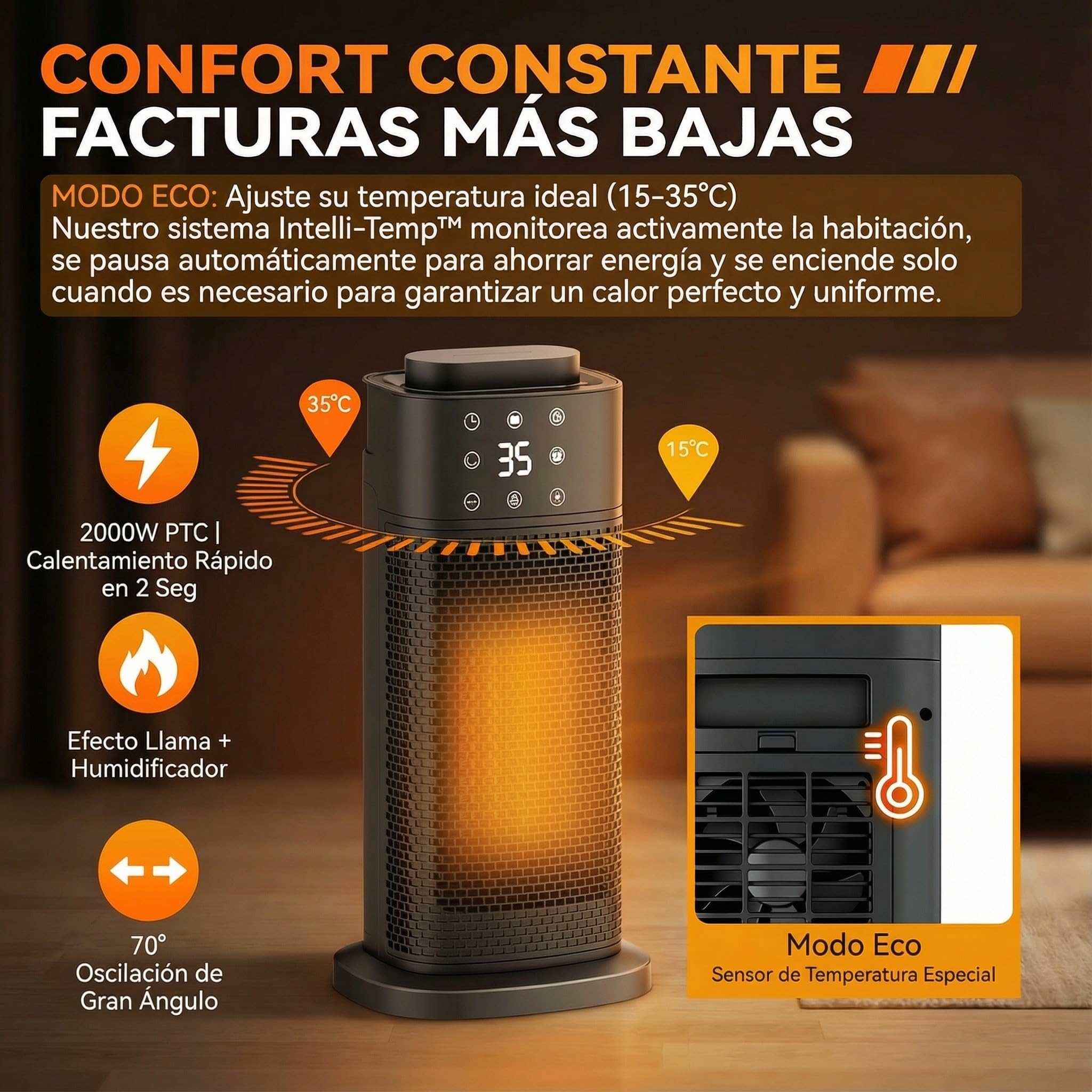 Eléctrico Cerámico 2000W, Bajo Consumo y Silencioso, 3 Niveles de Potencia, Temporizador, Función Frío y Calor, Protección contra Sobrecalentamiento y Humidificador, para Oficina, Salón