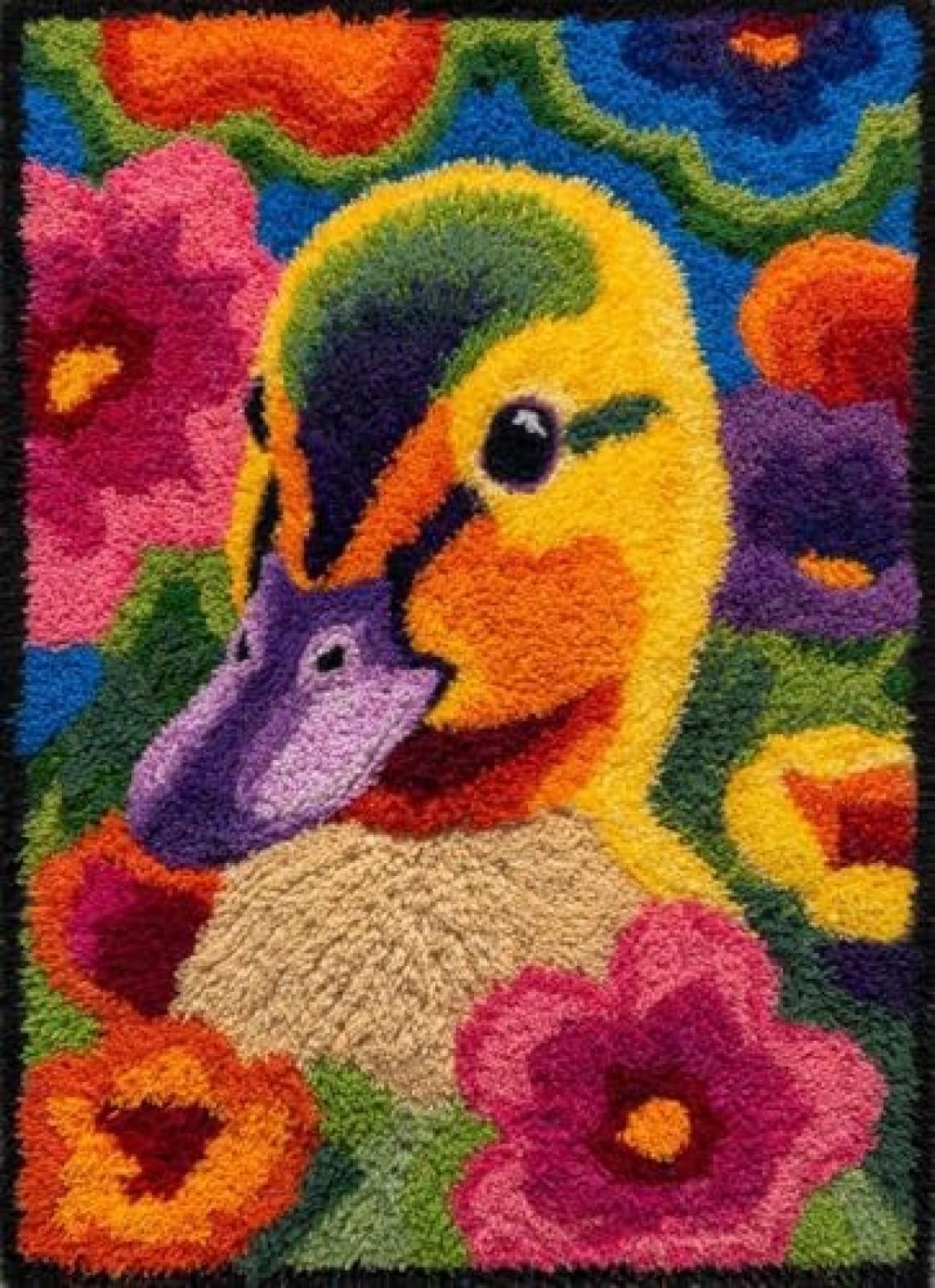 XDEGHUANGSS Latch Hook Rug Kit Duck Portrait in Flowers with Pre-Printed Mat Cover DIY Cushion Crochet Yarn Hooking Craft Set for Floor Decor 38x52cm-3
