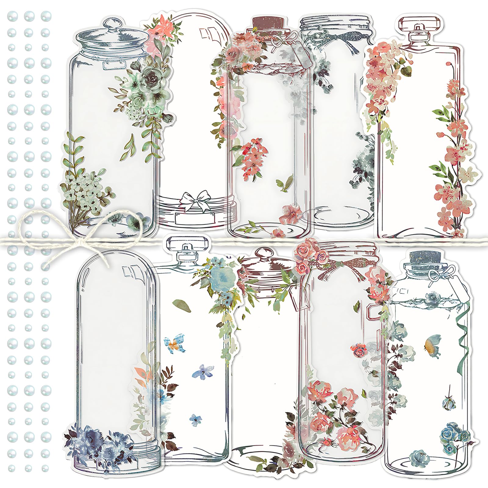 2 Packs Flower and Bottle Cardstock Watercolor Floral Scrapbooking Paper Card Transparent Bottle Background Card Decorative Frame Backing Card for Collage Card Making Journaling Arts and Crafts(Aqua)