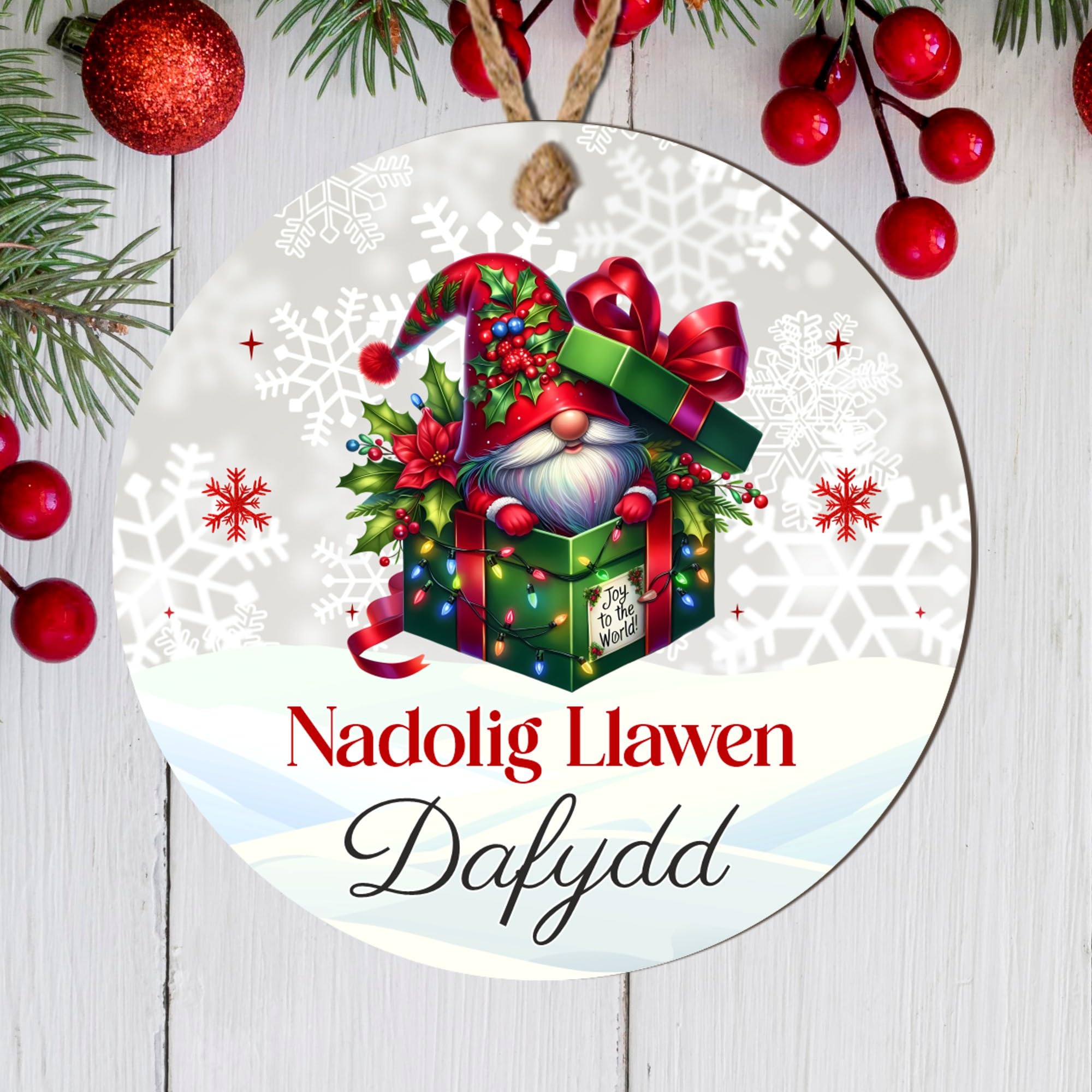 Personalised Welsh Merry Christmas Nadolig Llawen Bauble Hanging Ornament Cute Designs for Family Friends Festive Wales Gifts (Gnome, MDF Wood - Indoor use only)