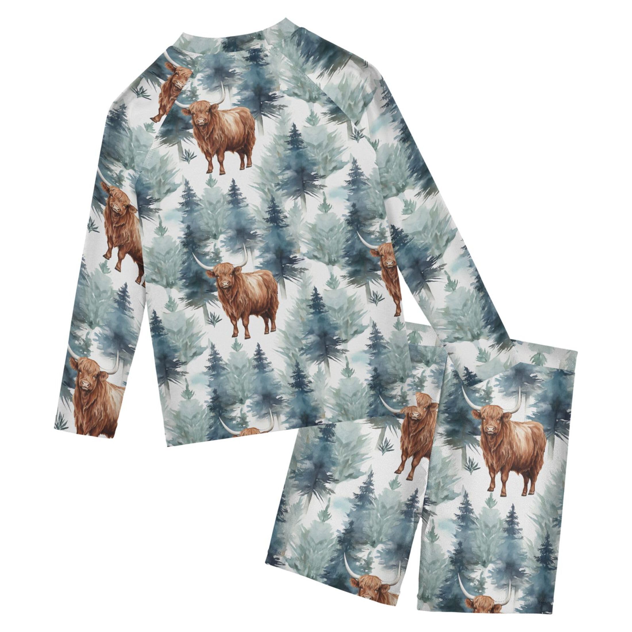 Highland Cow Forest Boys Rash Guard Swimsuits Set for Boys Long Sleeve Swim Shirts Bathing Suits B0403034