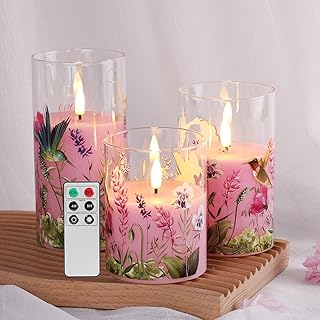Eywamage Pink Hummingbird Floral Glass Flameless Candles with Remote, Fl...